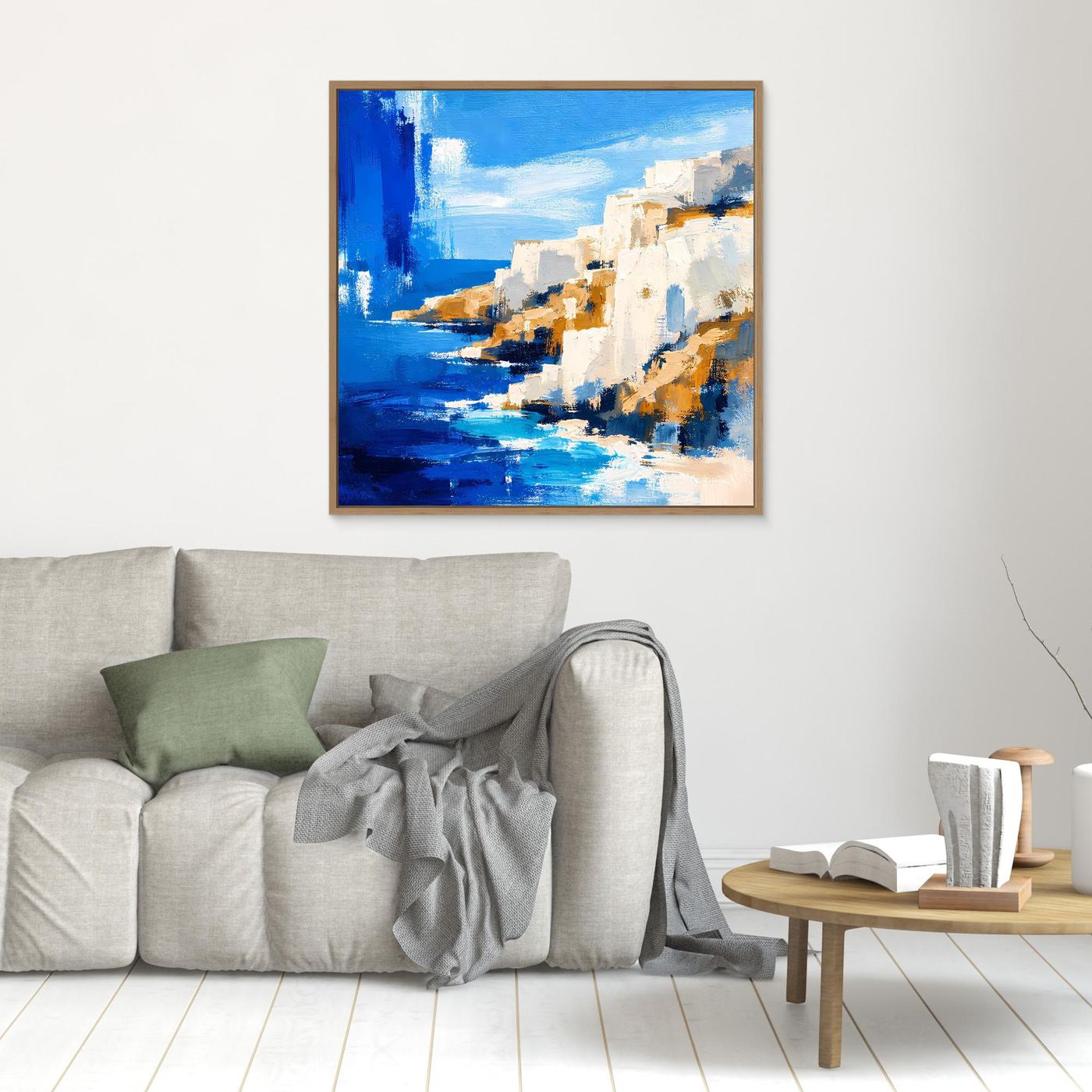 Leinwand-Wandbild mit abstrakter Küstenlandschaft in Blau und Weiß, dunkler Rahmen