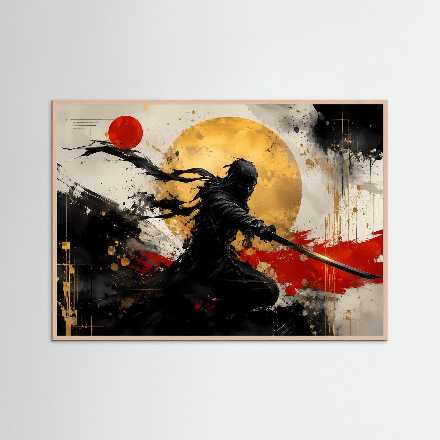 Schatten des Samurai | Japanisches Action & Ink Art Poster mit Gold- und Rot-Akzenten