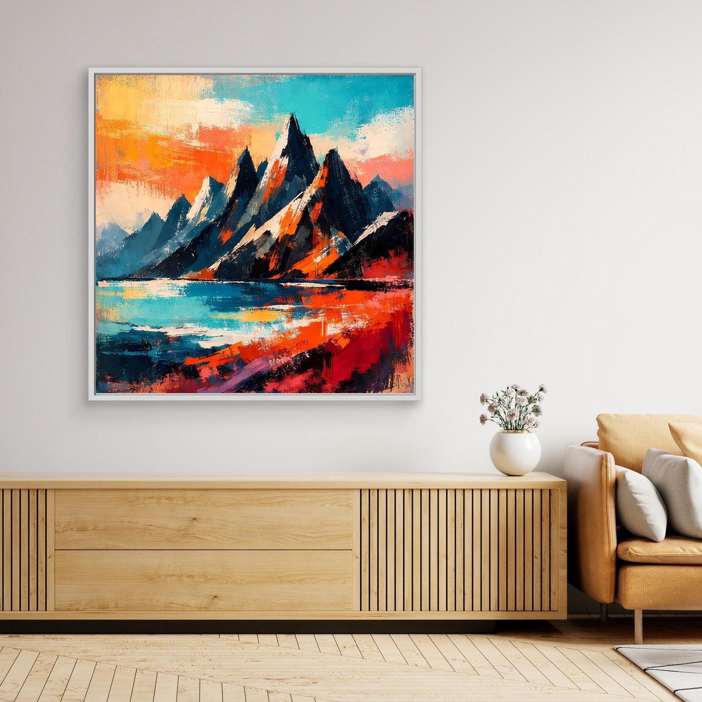 Gerahmtes Leinwandbild mit abstrakten Bergen und Farben, Wasserfläche, weißer Rahmen