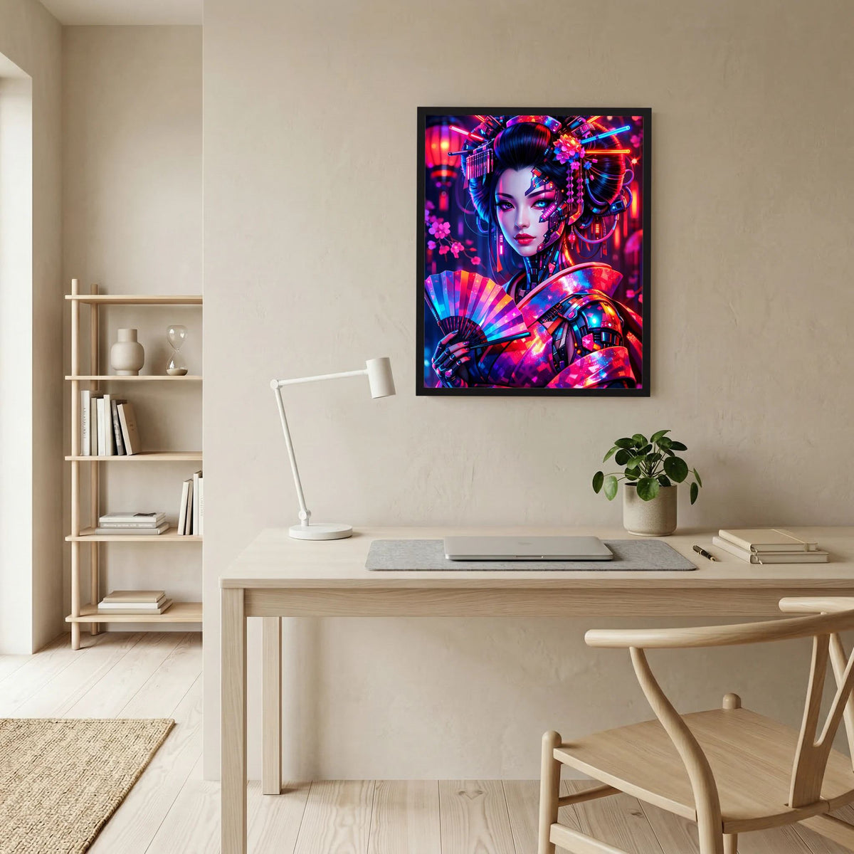 Gerahmtes Neon-Kunstposter mit Cyber-Geisha am Arbeitstisch, bunte Lichtreflexe
