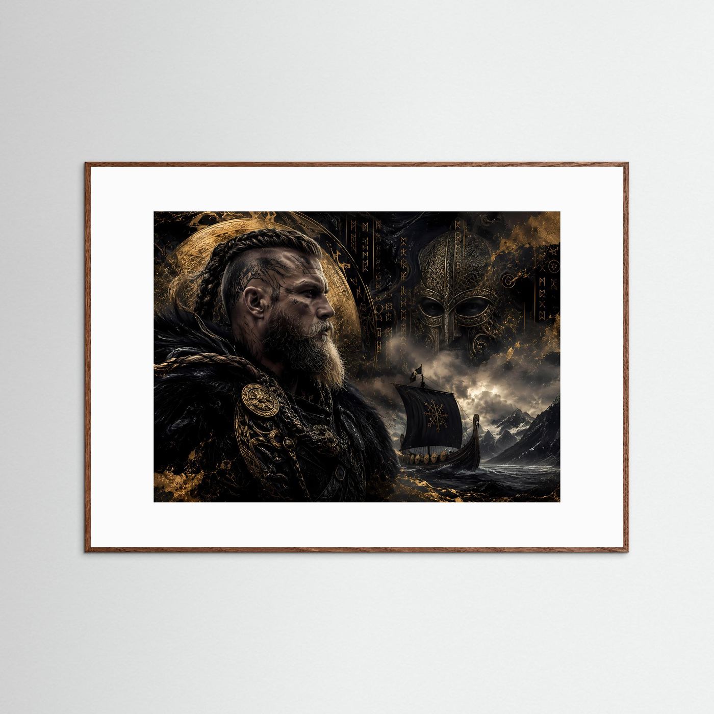 Epischer Wikinger-Krieger auf hoher See | Nordische Mythologie & Drachenschiff Poster Querformat