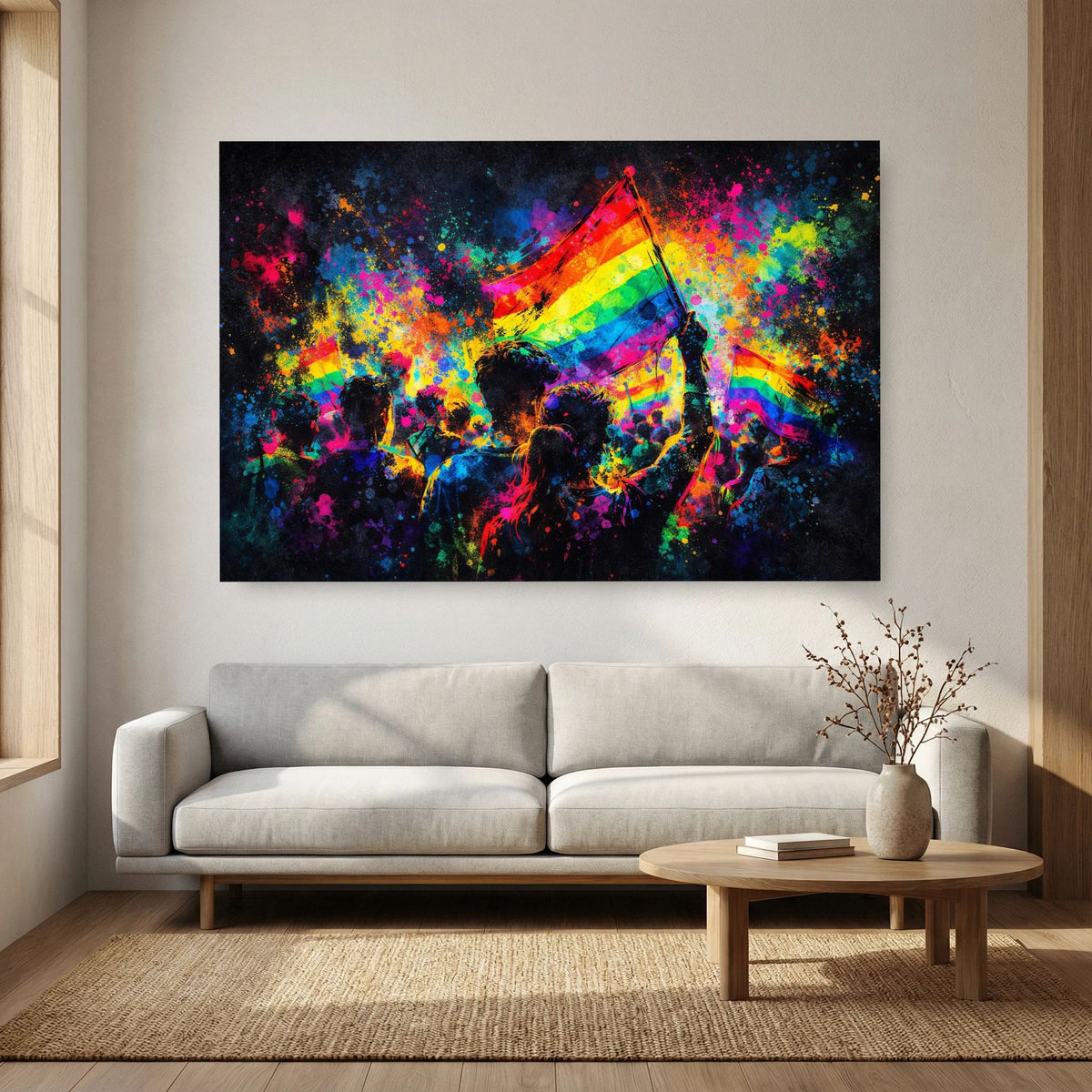 Wandbild mit Regenbogenfahne, farbigen Lichtpunkten und Menschen-Silhouetten, Querformat