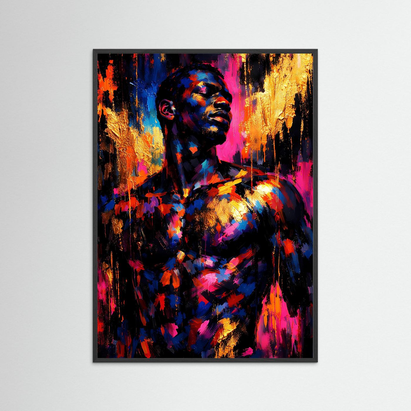 Abstraktes Kunstposter mit männlichem Porträt, Blau/Magenta/Gold, schwarzer Rahmen