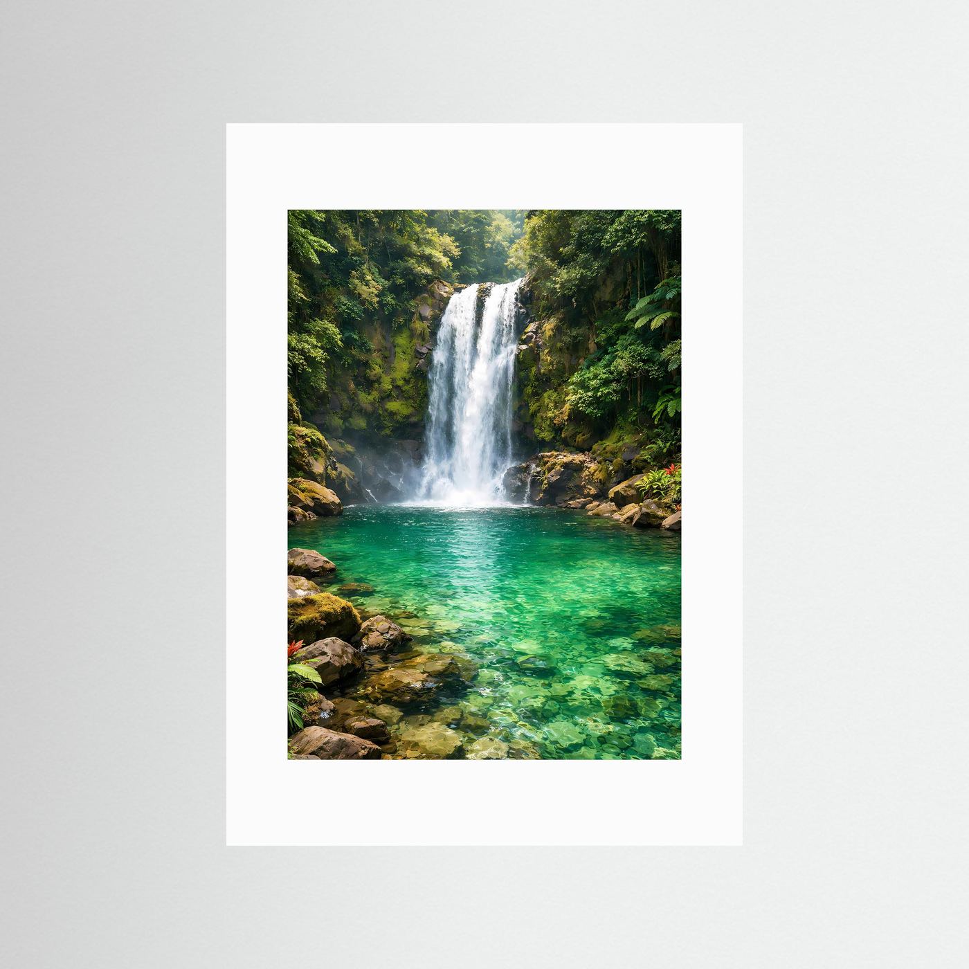 Dschungelposter im Hochformat mit Wasserfall und türkisgrüner Lagune, weißer Rand