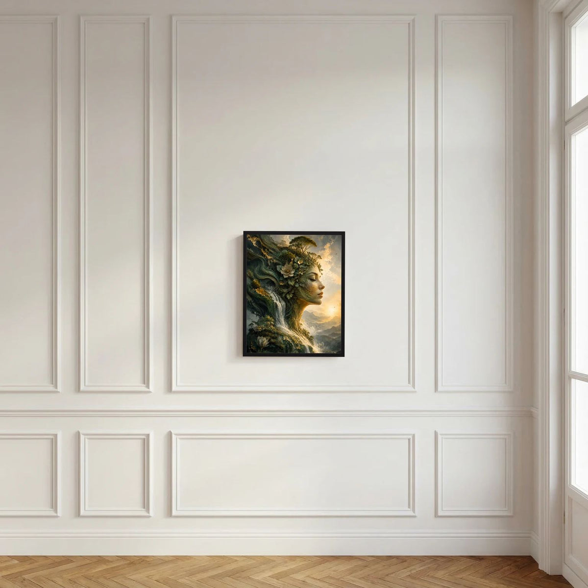 Wandbild mit Frauenprofil im Blumenkranz, grün-goldenes Wasserfallmotiv