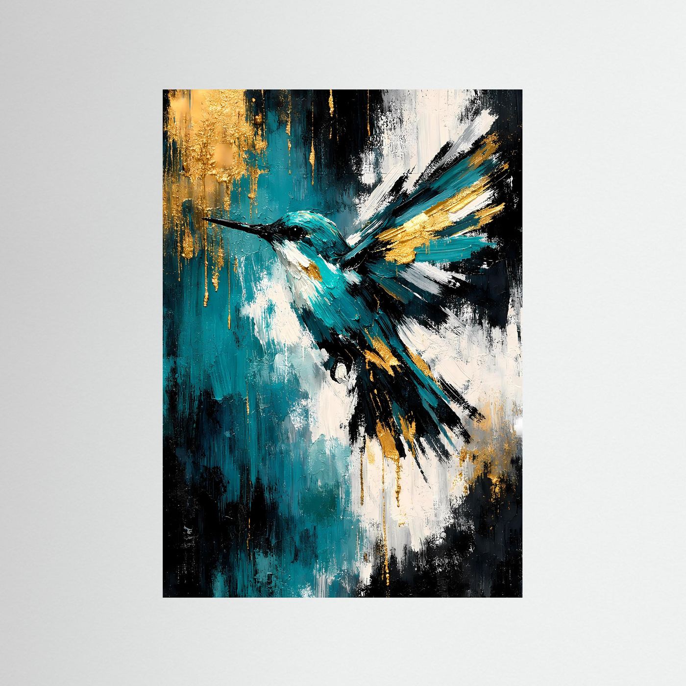 Abstraktes Kunstposter: Eisvogel-Kolibri-Motiv in Türkis, Schwarz und Gold, ungerahmt