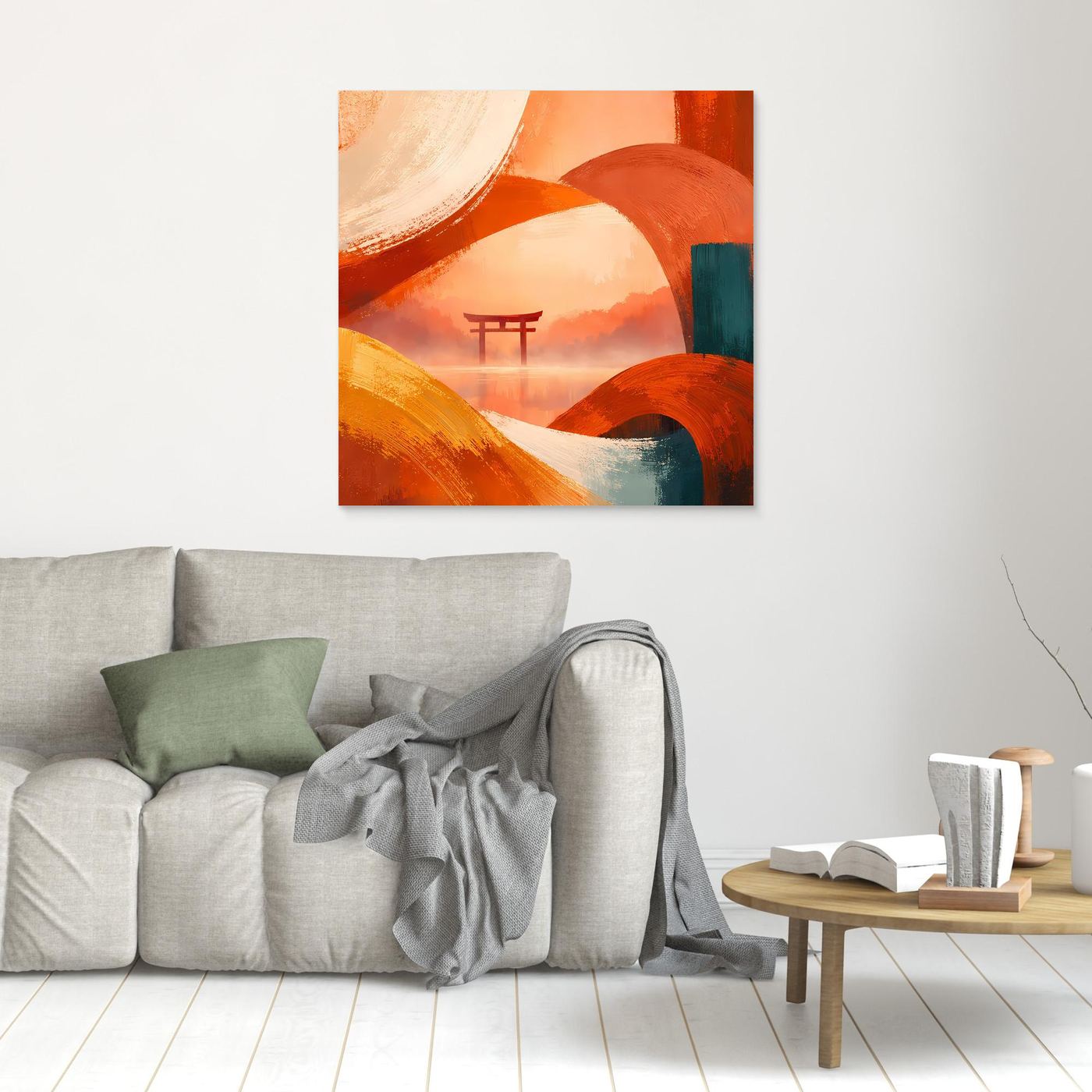 Kleines Leinwandbild mit Torii und warmem Orange-Grün-Abstraktmotiv, ohne Rahmen.