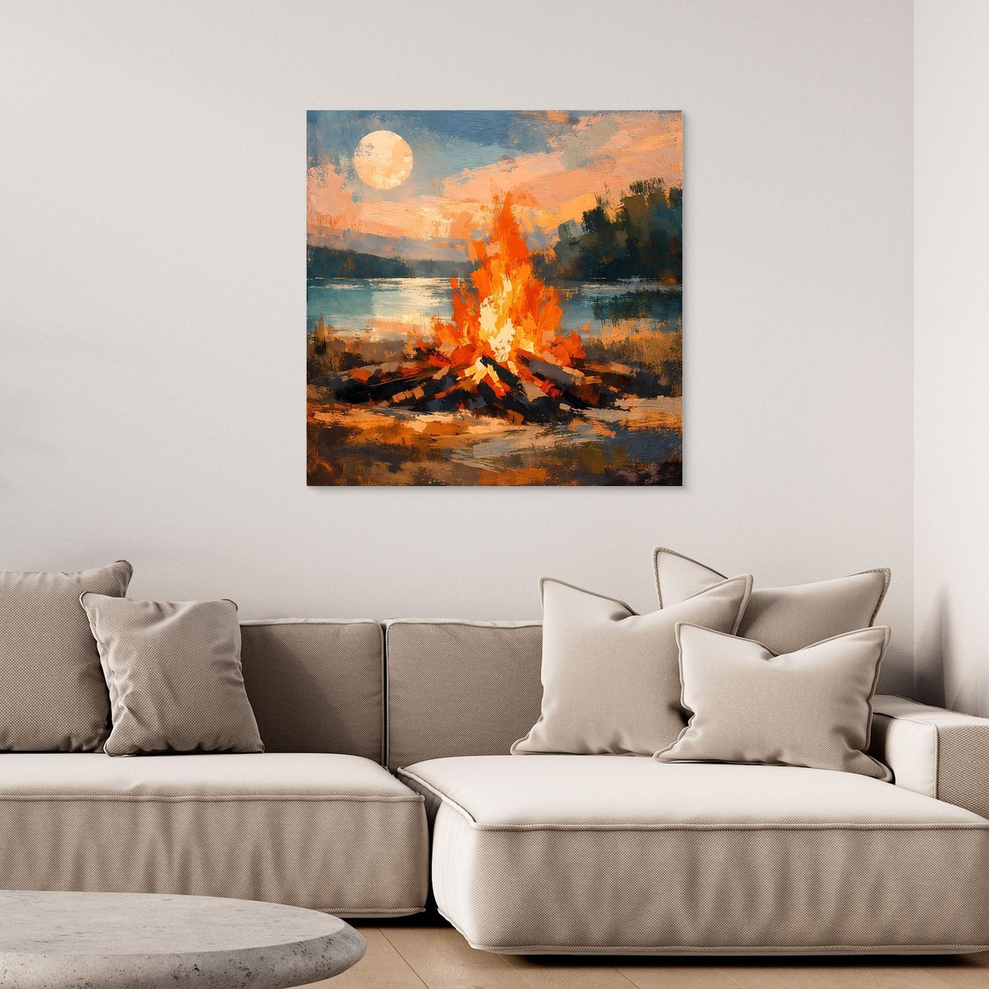 Wandbild auf Leinwand mit Lagerfeuer am See, orange Flammen und blauem Nachthimmel mit Mond