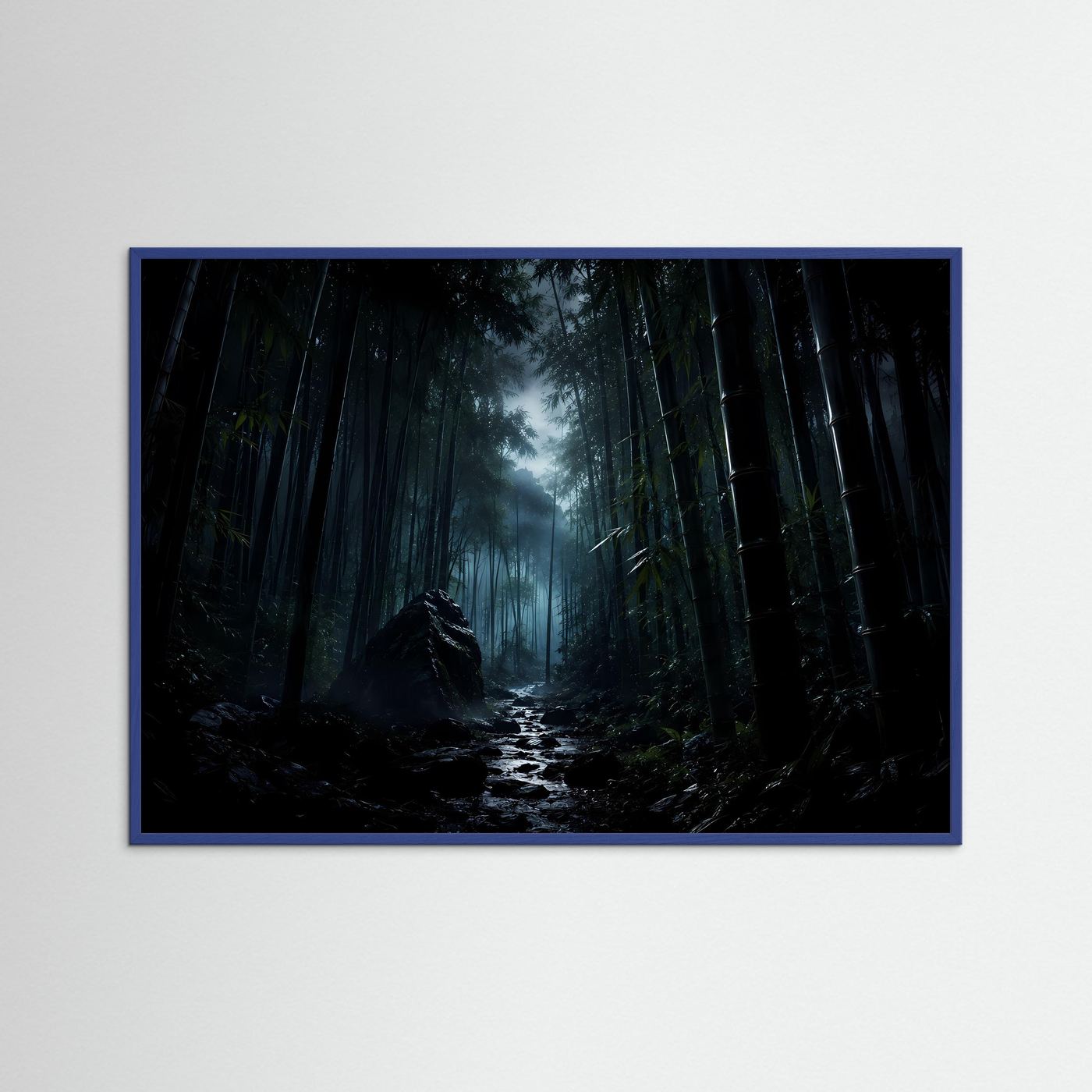 Mystischer Bambuswald bei Nacht Poster | Japanischer Zen Wald Nebel Landschaft Wandbild Querformat
