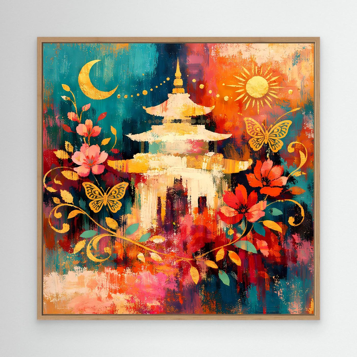 Wandbild mit goldener Pagode, Mond, Sonne, Blumen und Schmetterlingen im Eichenrahmen