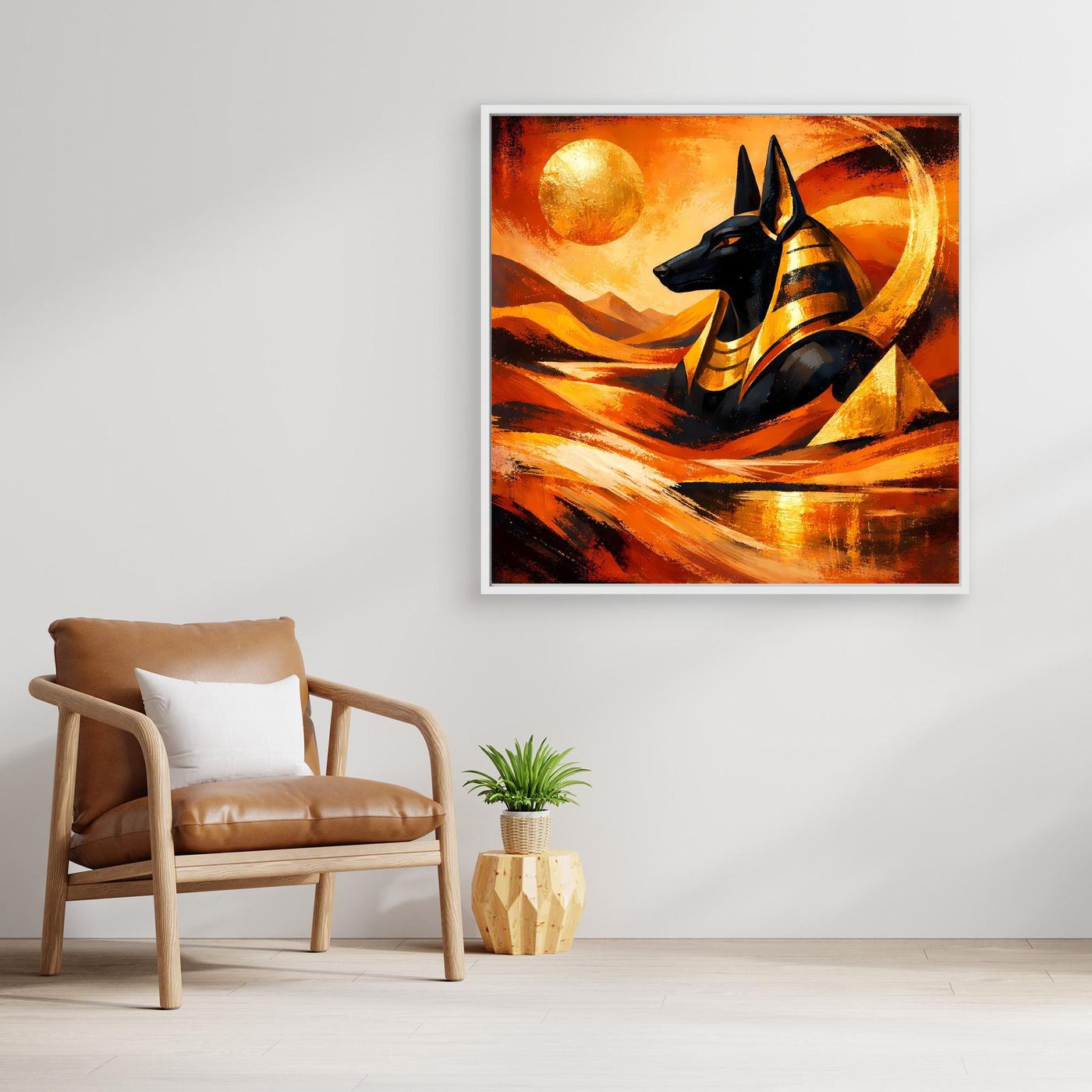 Gerahmtes Leinwandbild mit Anubis-Schakalkopf in satten Gold-Orange-Tönen und dunklen Konturen