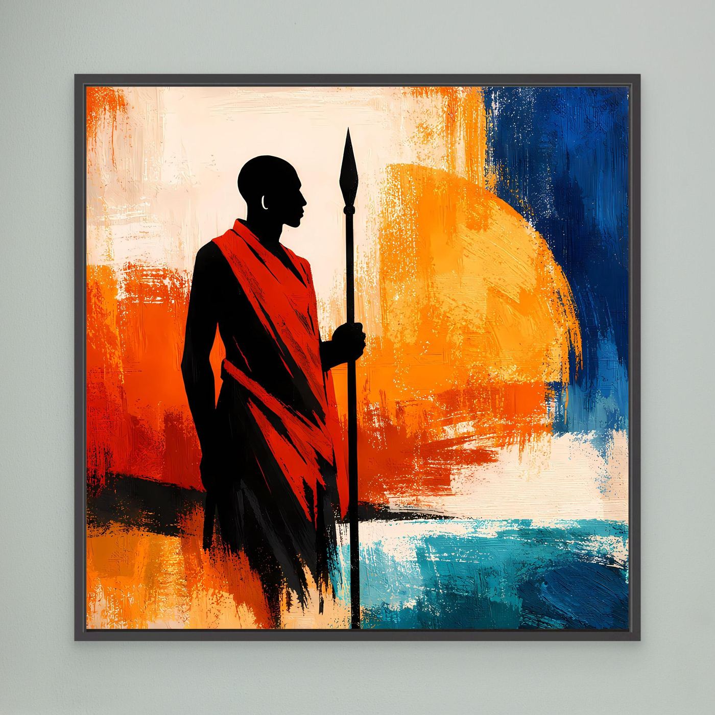 Leinwand Afrikanischer Krieger bei Sonnenuntergang | Modernes Ethno Silhouette Wandbild