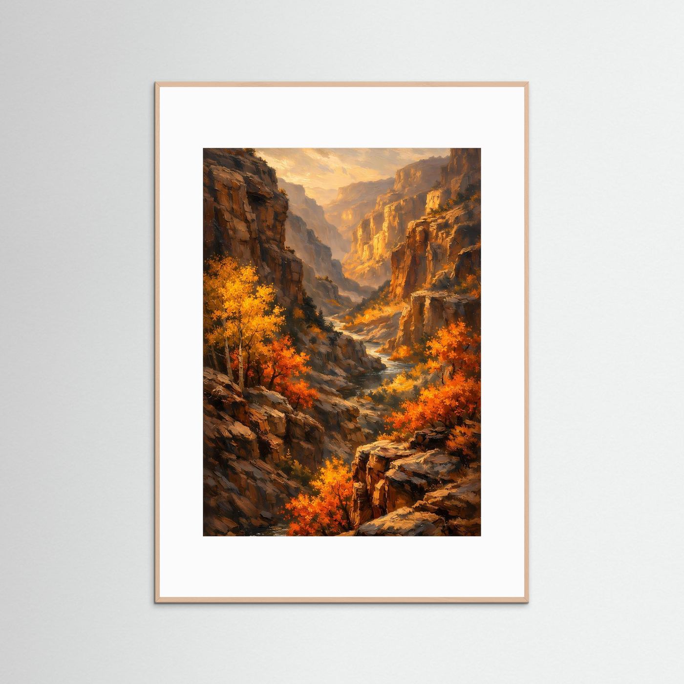Herbstliches Canyon-Poster im weißen Rahmen mit Schlucht- und Flusslauf-Gemälde