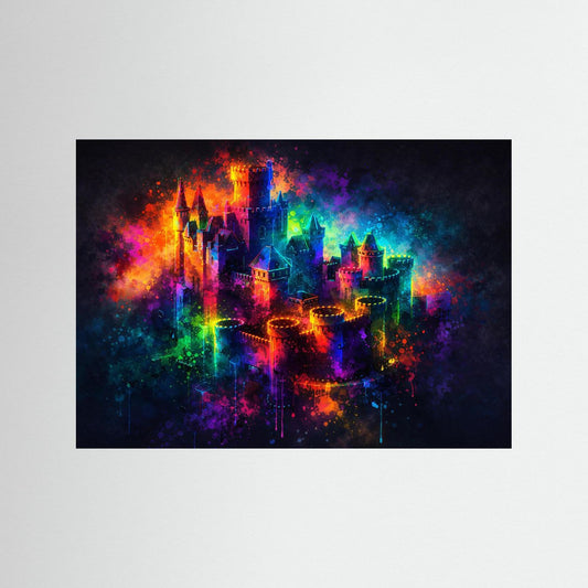 Poster mit abstraktem Schlossmotiv in Neonfarben, ohne Rahmen