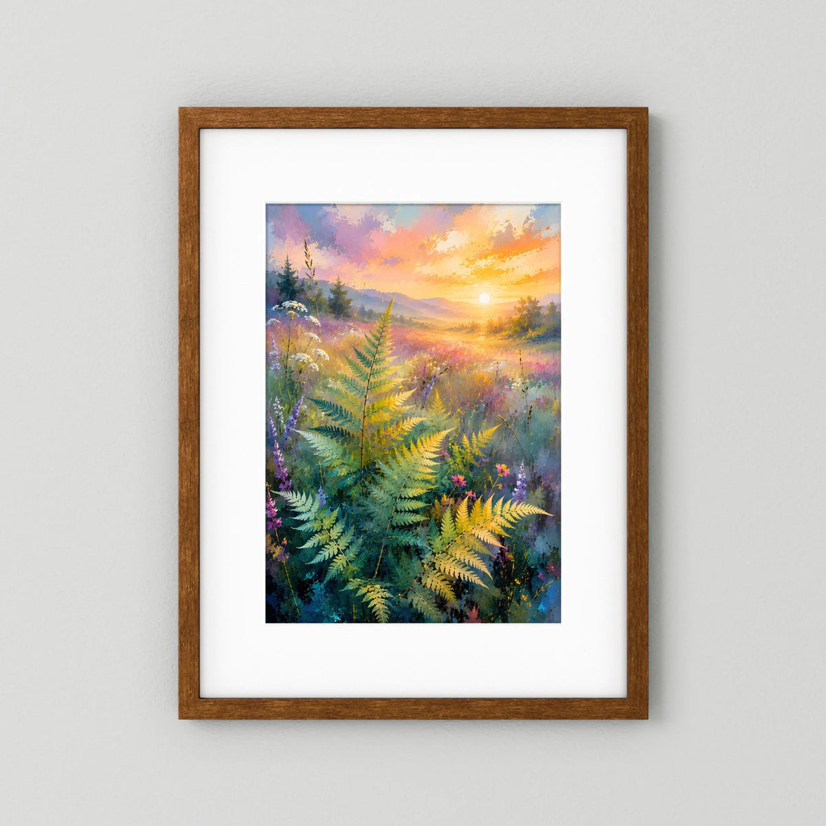 Hochformatiges Poster mit Farnlandschaft in Pastellfarben und Sonnenaufgang, brauner Holzrahmen