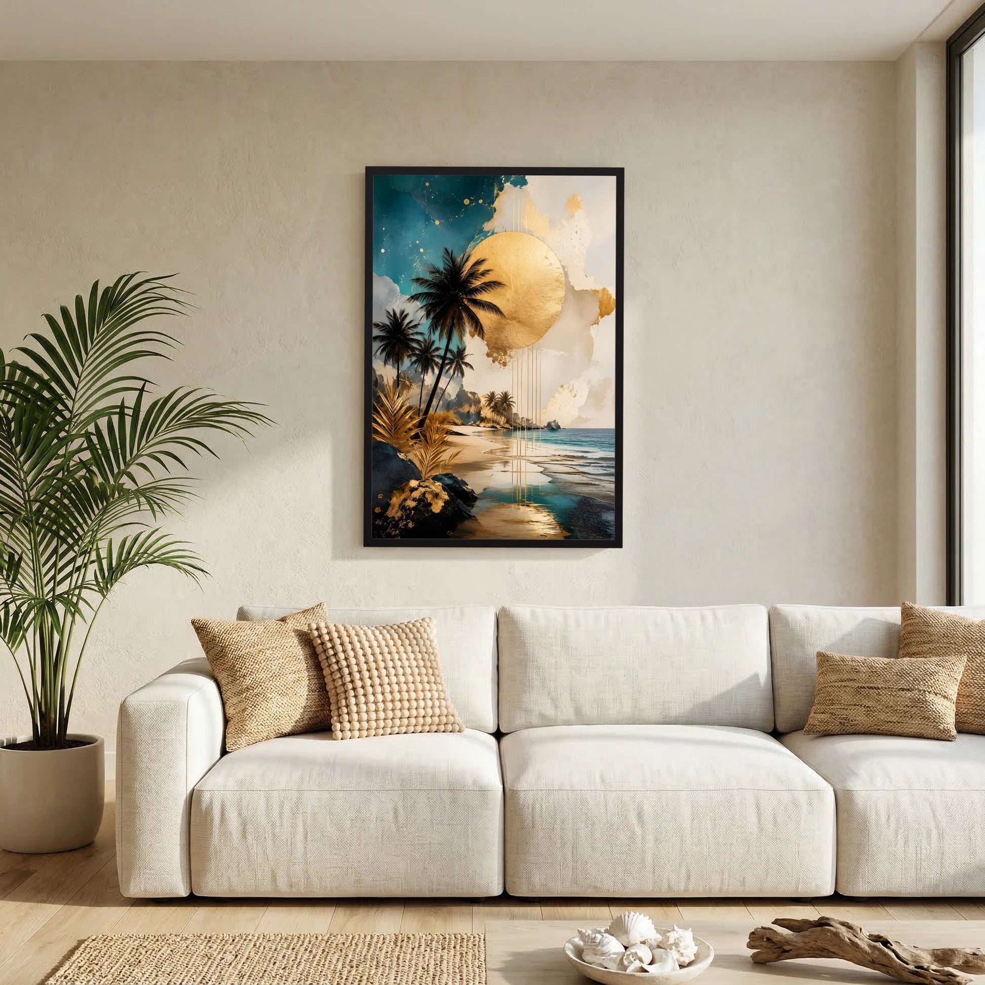 Wandposter: Palmen, goldene Sonne und Strandmotiv im schwarzen Rahmen