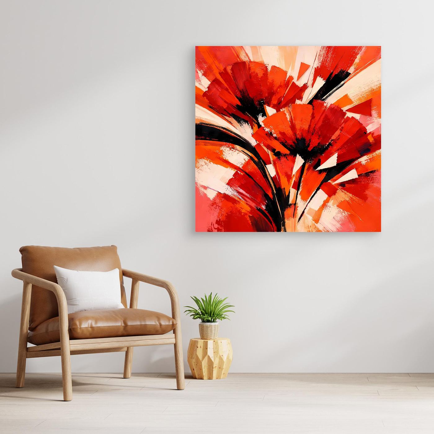 Abstraktes Mohn-Leinwandbild, rote und orange geometrische Blütenstruktur mit schwarzen Spritzern