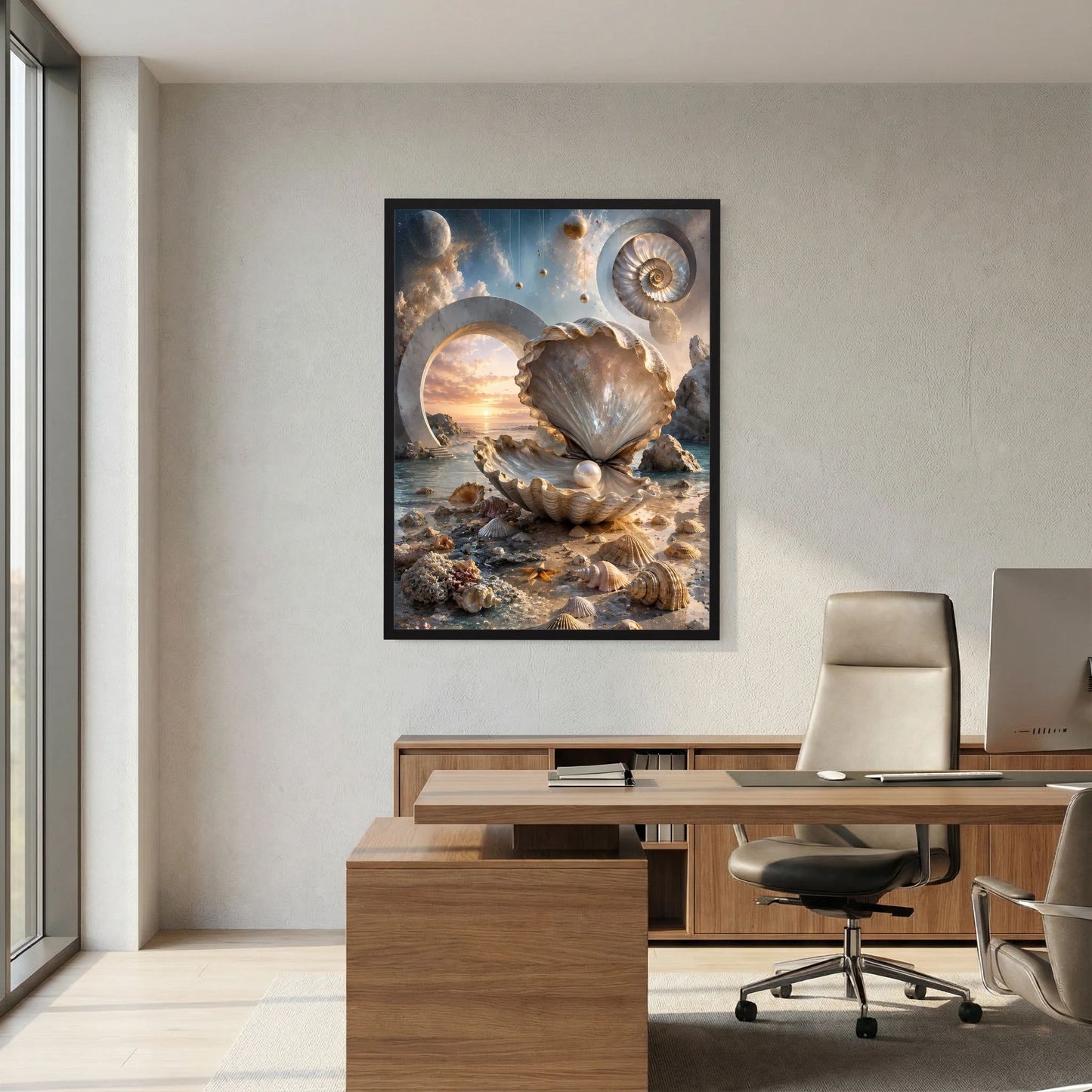 Gerahmtes Poster mit Muschel und Perle in einer Meereslandschaft, Creme & Gold