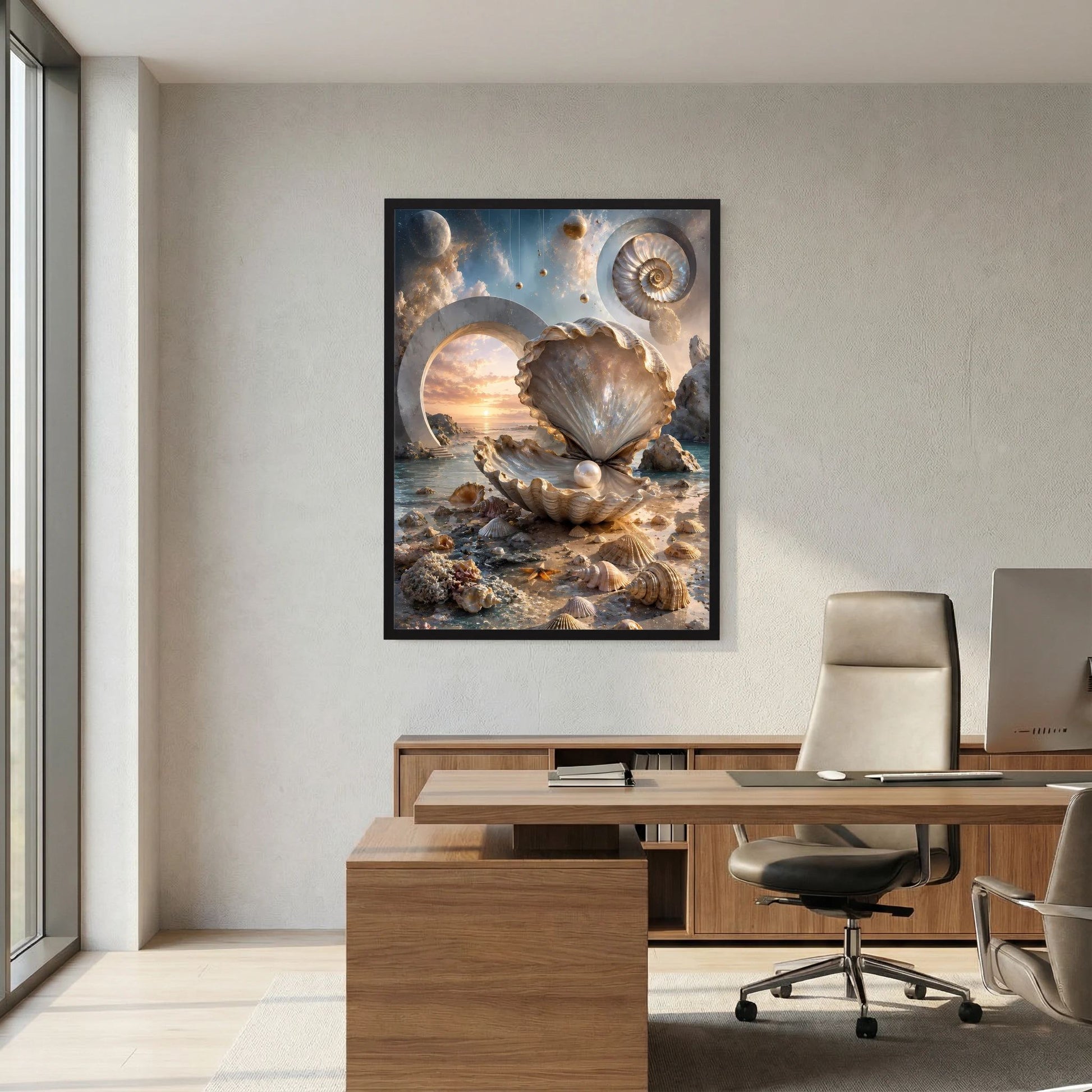 Gerahmtes Poster mit Muschel und Perle in einer Meereslandschaft, Creme & Gold