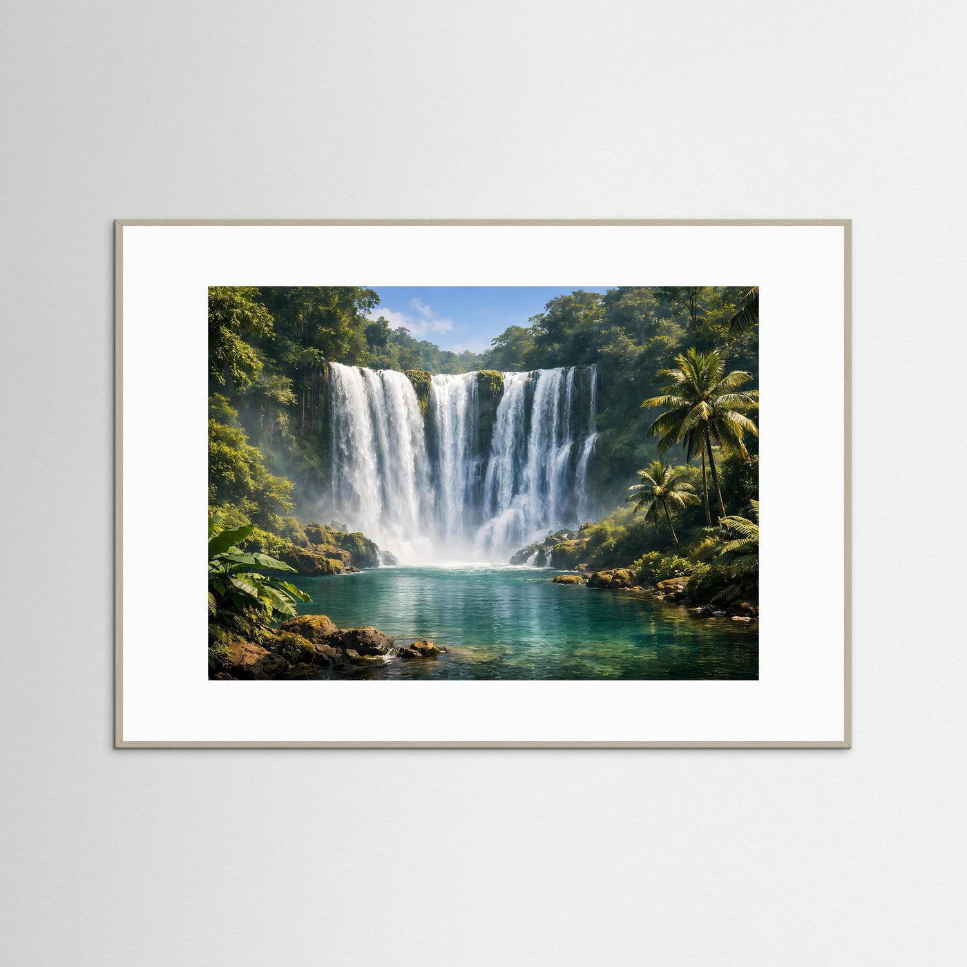 Tropen-Wasserfall-Poster im Querformat mit beigem Rahmen und weißem Rand