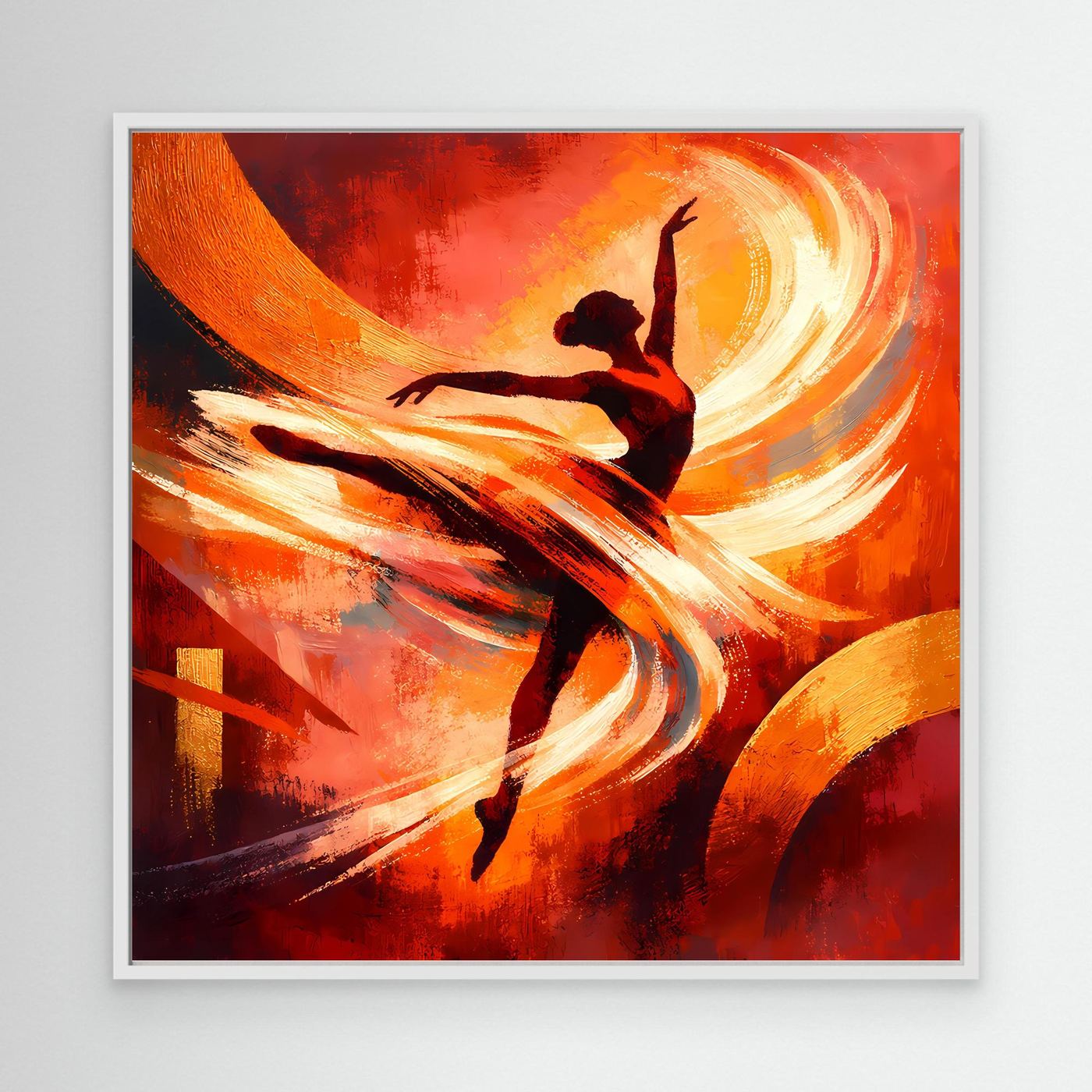 Abstraktes Leinwandbild mit weißem Rahmen: Ballerina-Silhouette, orange Wirbel