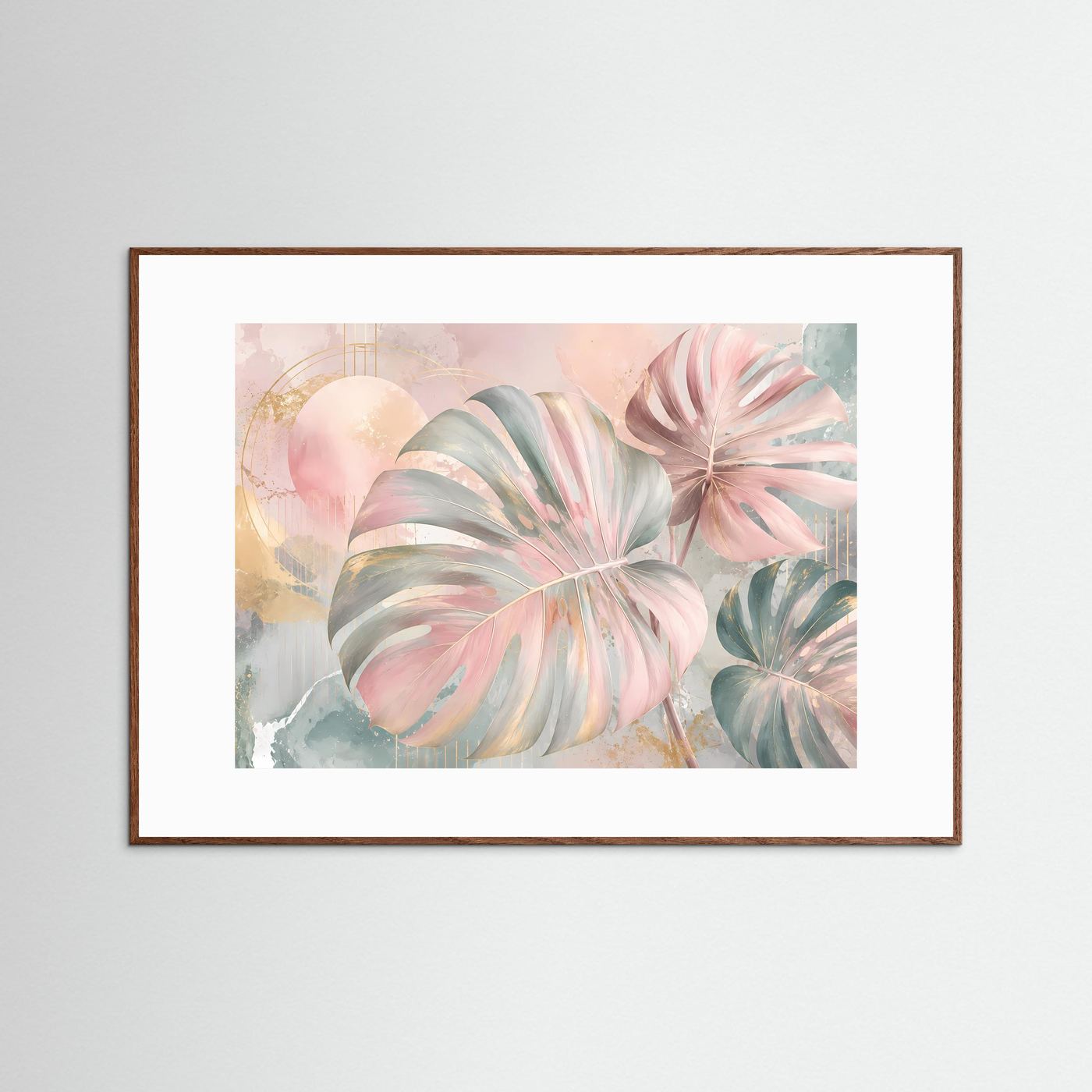 Monstera Blätter Poster Querformat | Tropische Wandkunst Pastell Rosa Gold | Moderne Botanische Kunst