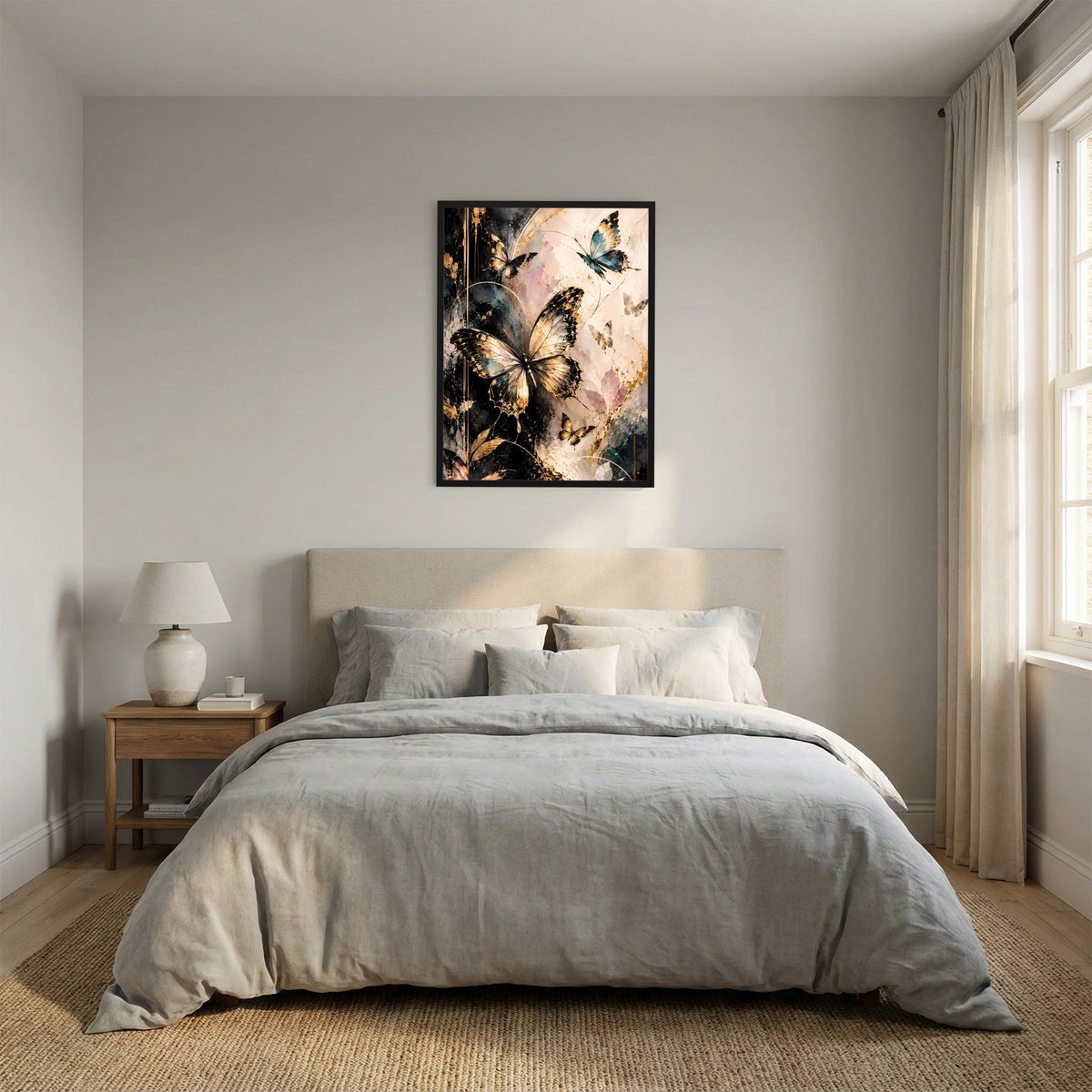 Wandbild-Poster im schwarzen Rahmen mit Schmetterlingen in Gold, Schwarz und Blau