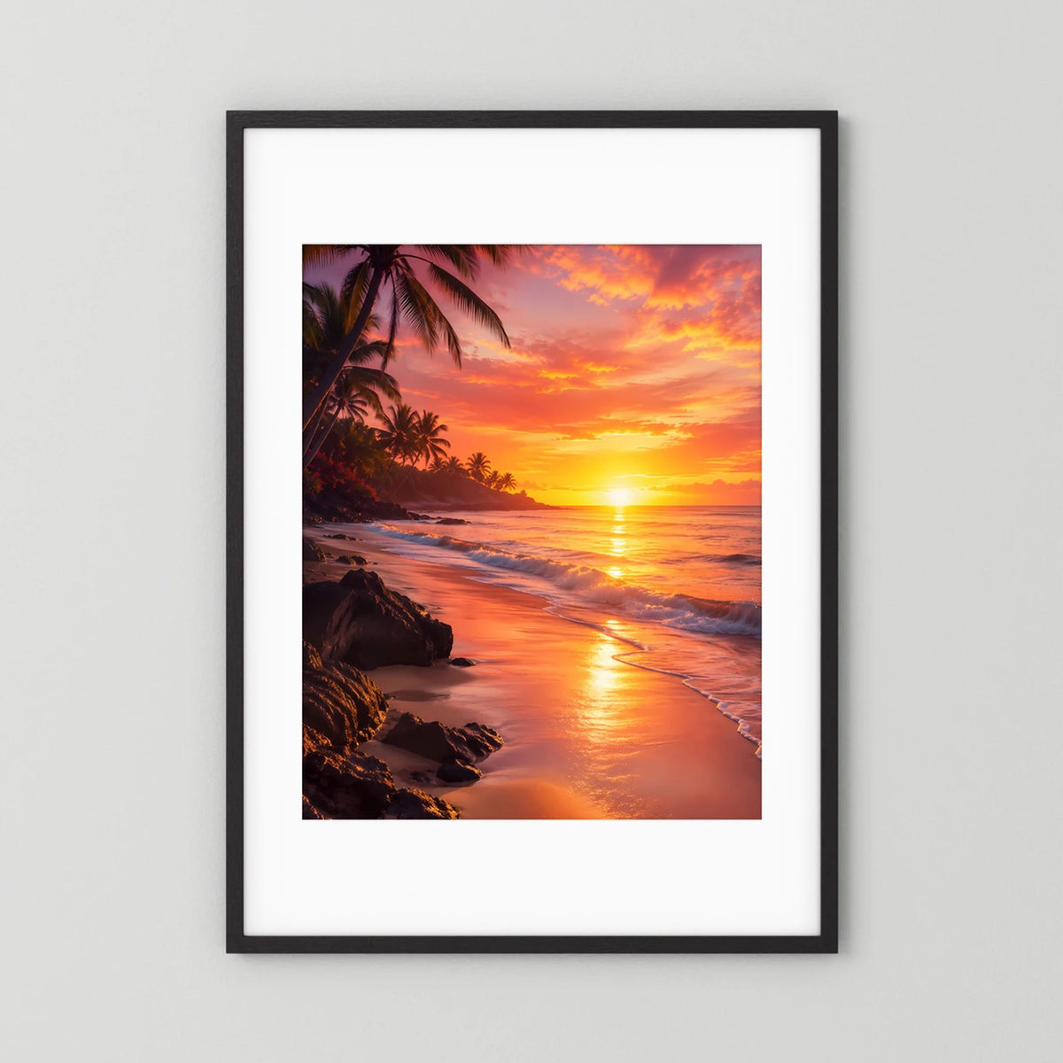 Hochformat-Poster tropischer Strand bei Sonnenuntergang mit Palmen, schwarzer Rahmen mit weißem Rand