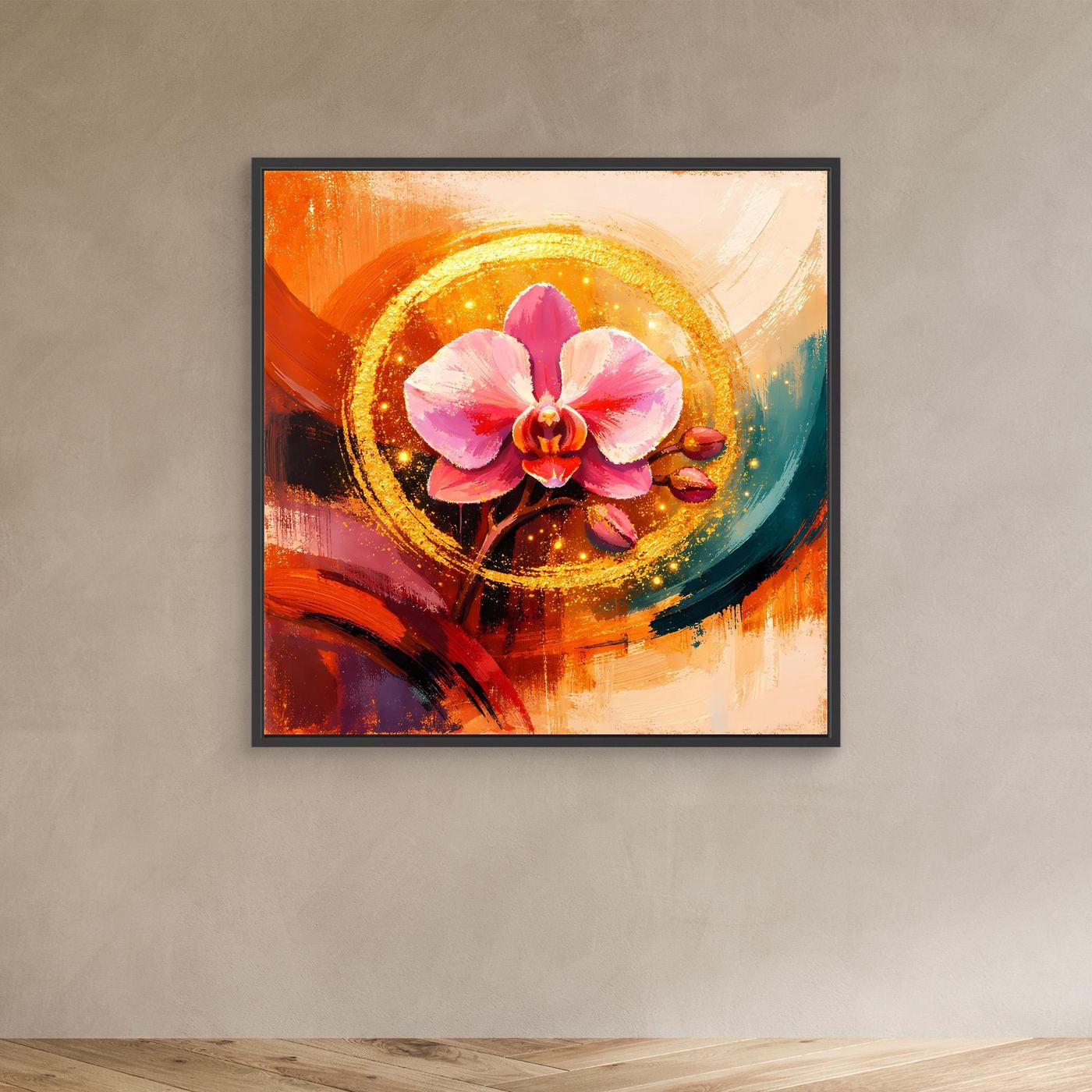 Florales Leinwandbild mit goldener Orchidee im Kreis, schwarz gerahmt