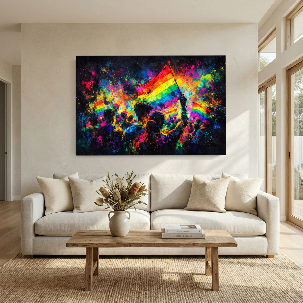 Wandbild im Querformat mit Regenbogenflagge und bunten Personensilhouetten vor Farbexplosion