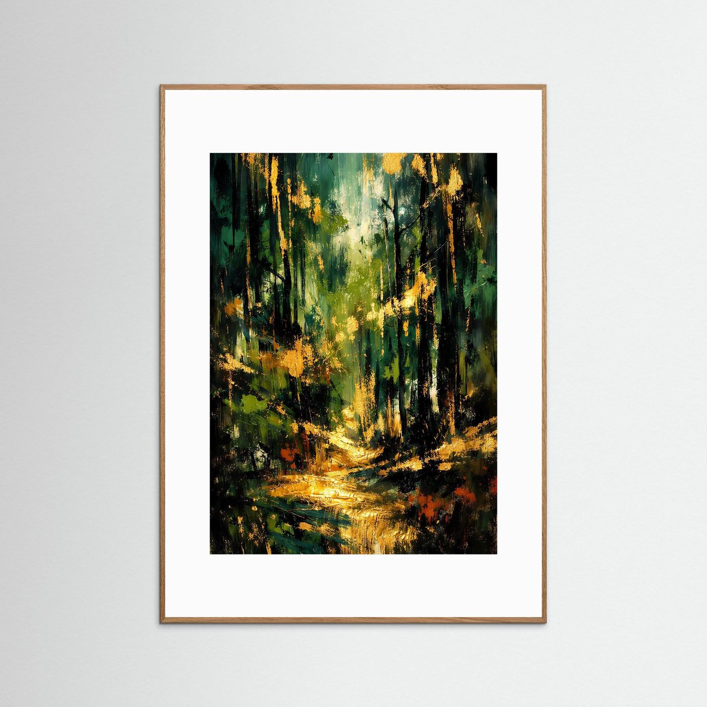 Naturposter mit abstraktem Waldmotiv, kupferbraun gerahmt, mit weißem Passepartout