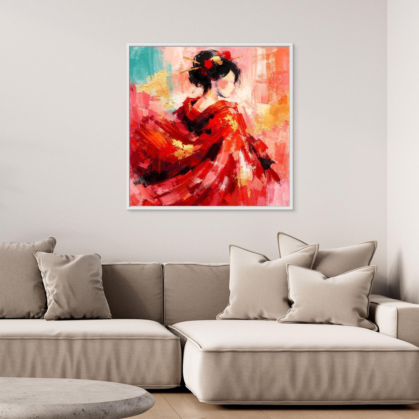 Abstraktes Leinwandbild mit Geisha in Rot, schwarzer Frisur und gemalten Goldtönen