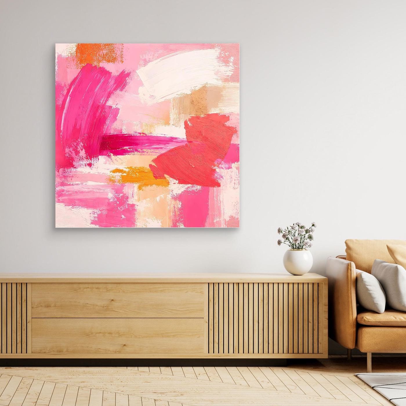 Leinwand-Abstraktbild mit pinken und beigen Farbflächen