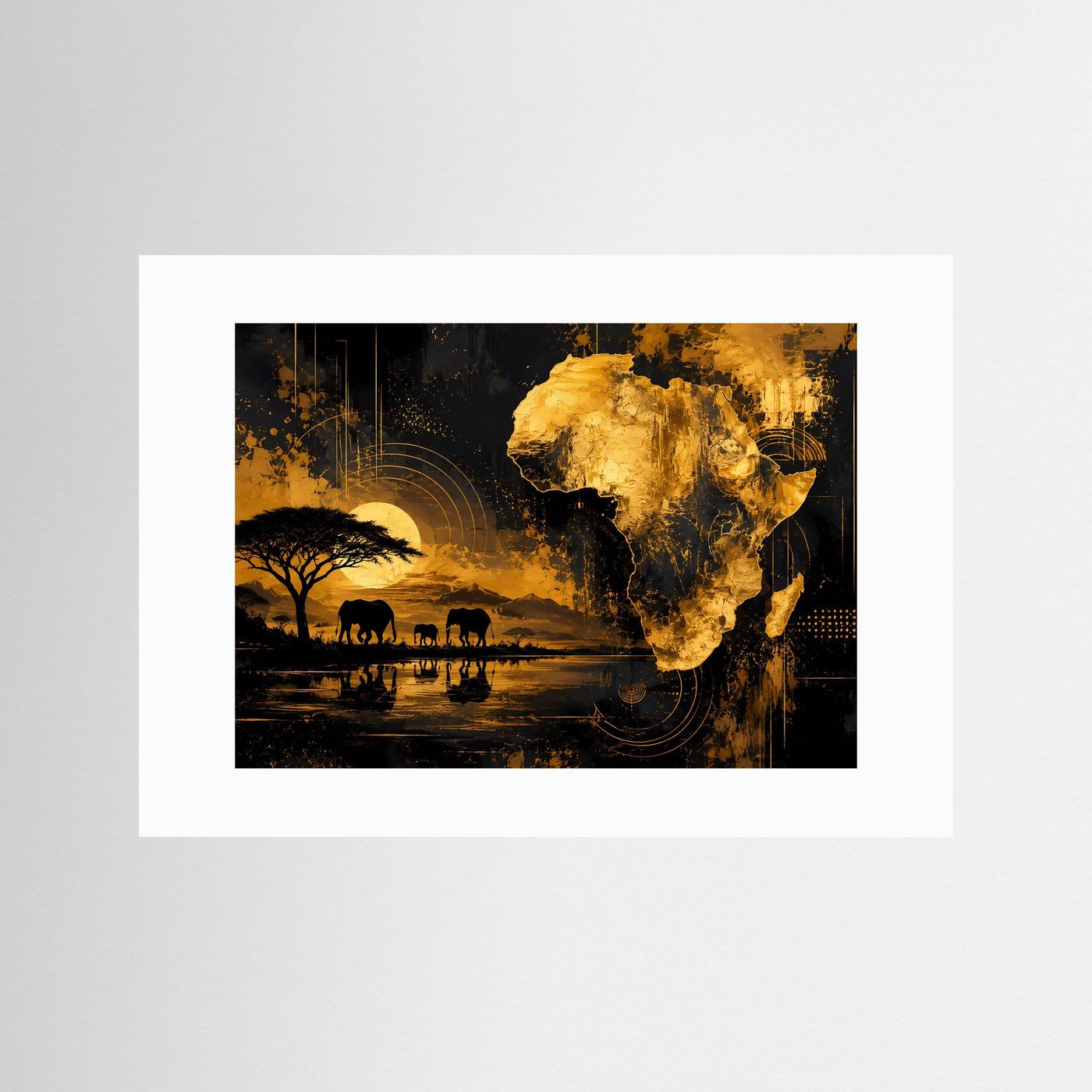 Poster im Querformat ohne Rahmen, mit weißem Rand und goldener Afrikakarte