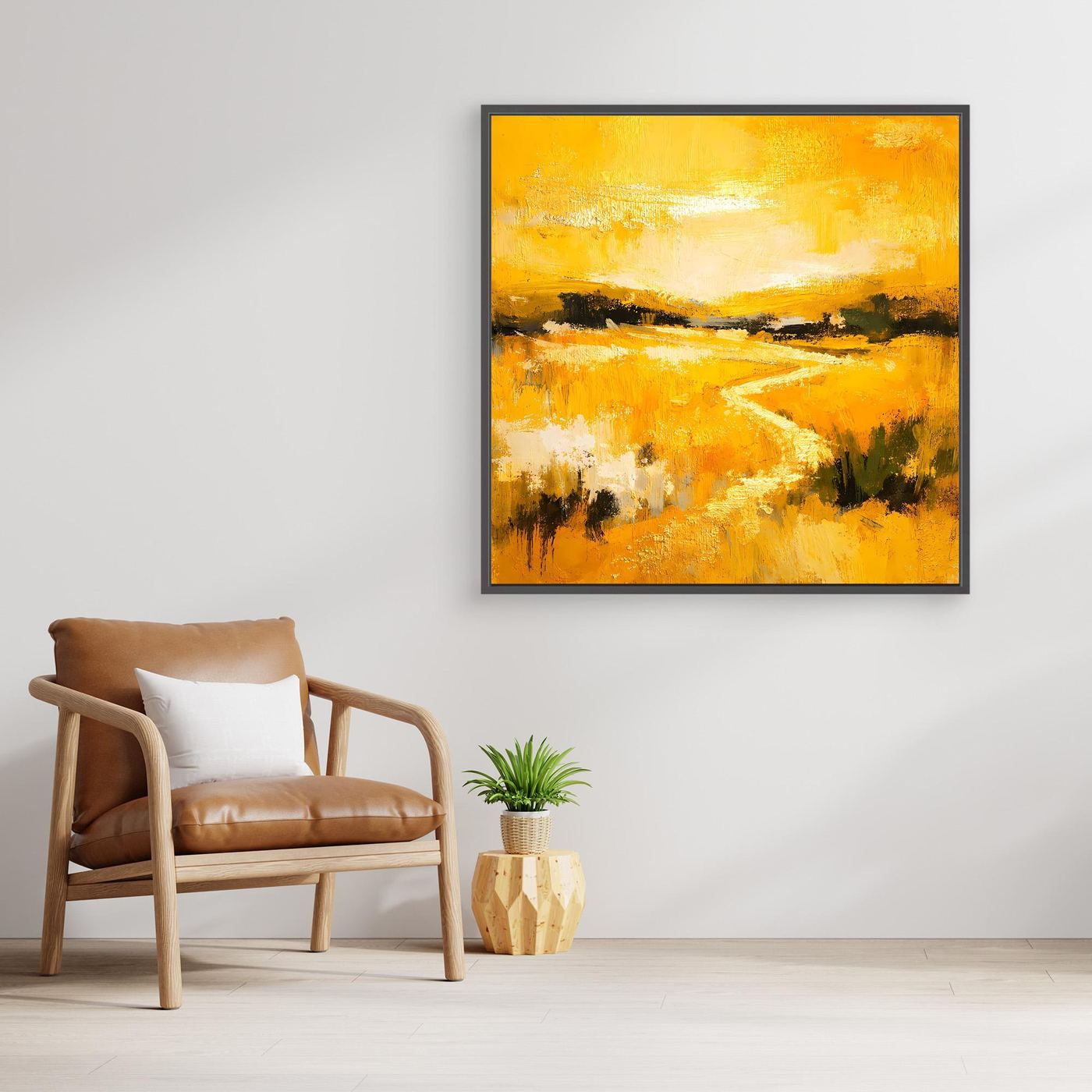 Leinwand Abstraktes Landschaftsgemälde in Gelb und Gold | Modernes Natur Wandbild mit Fluss