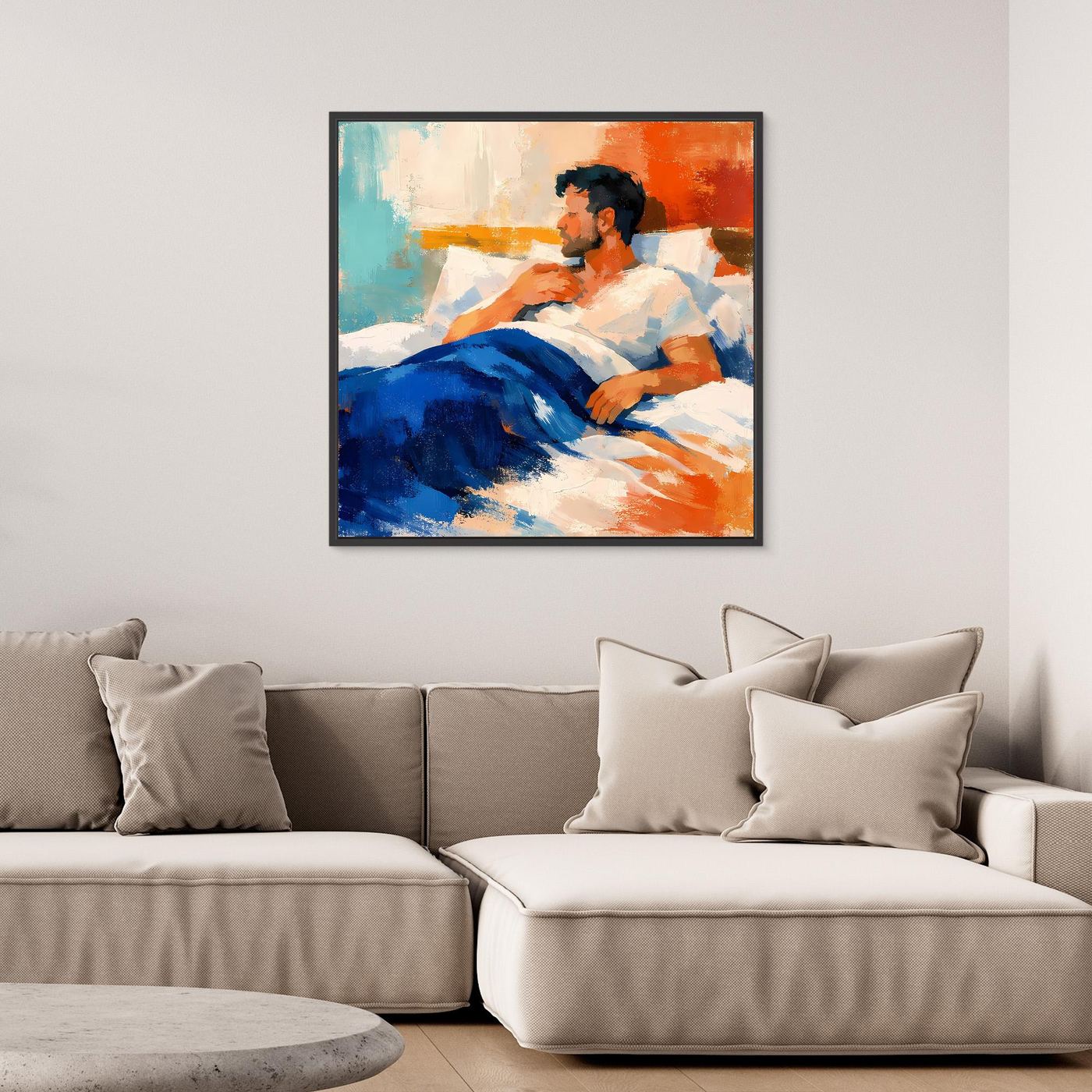 Gerahmtes Leinwand-Wandbild mit schwarzem Rahmen, abstrakter Mann im Liegen, blau-oranges Motiv
