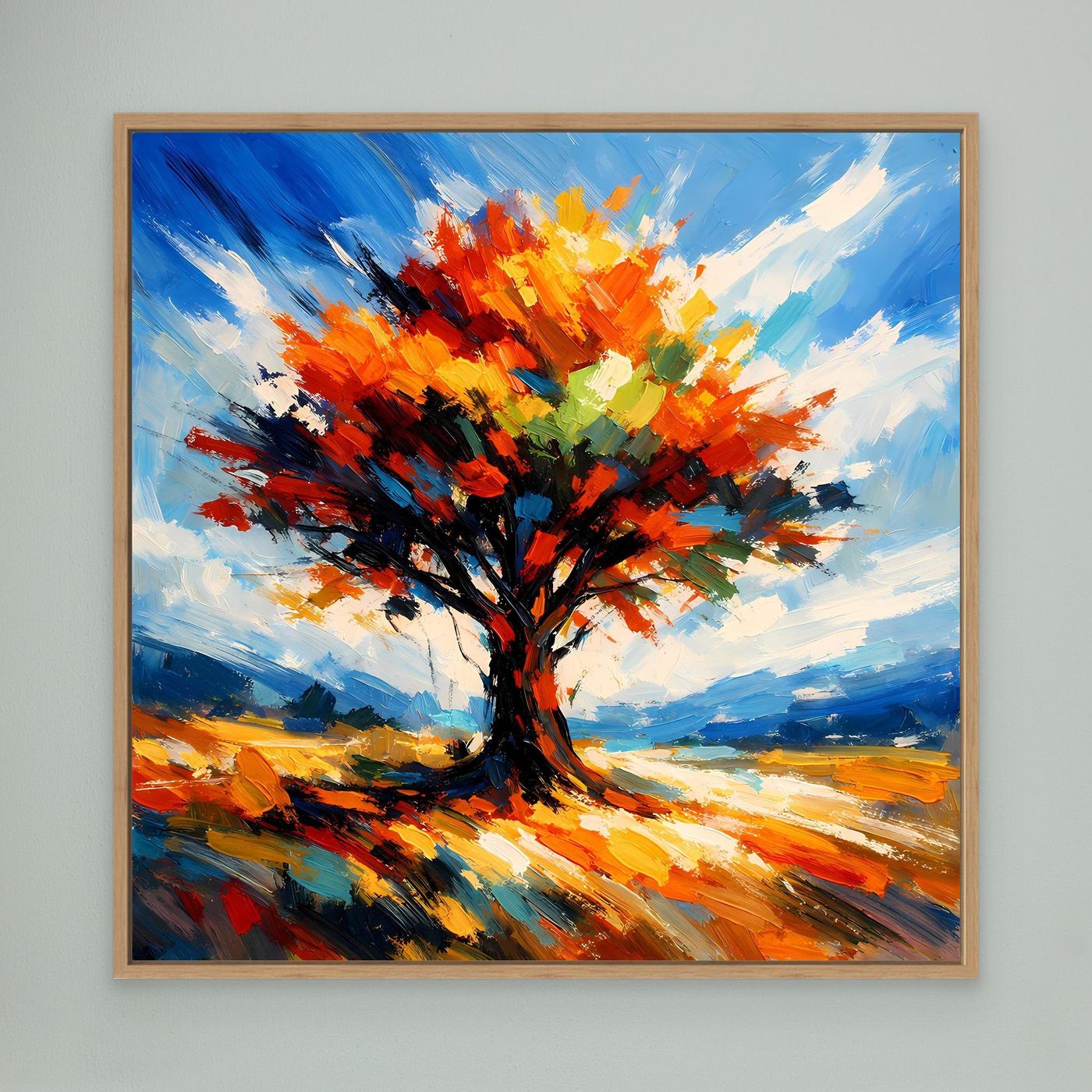 Leinwandbild mit Herbstbaum in Impasto-Optik, orangefarbene Krone, Eichenholzrahmen