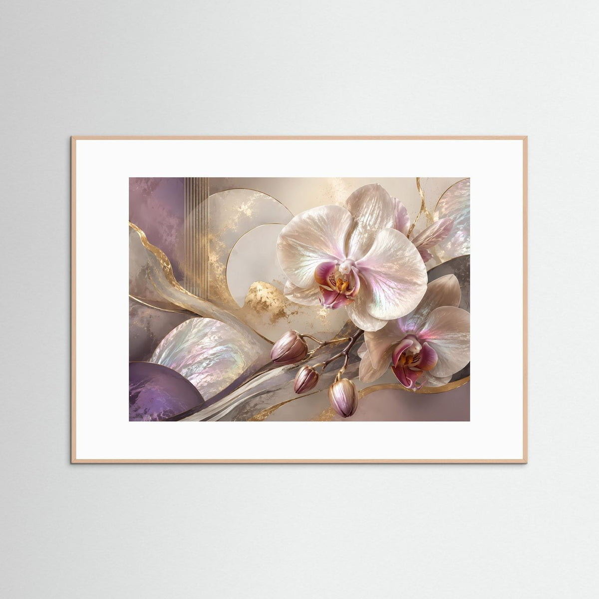Orchideen-Poster im Querformat: weiße Orchidee mit roséfarbenem Zentrum, goldene Akzente