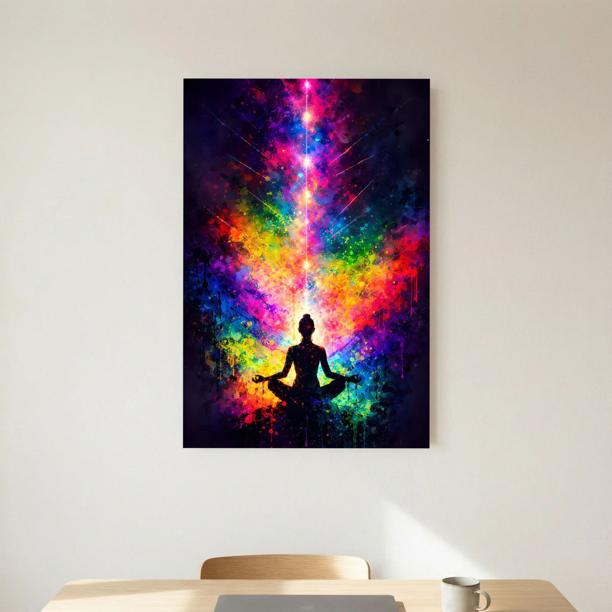 Hochformatiges Poster mit Meditationssilhouette im Zentrum leuchtender Regenbogen-Aura