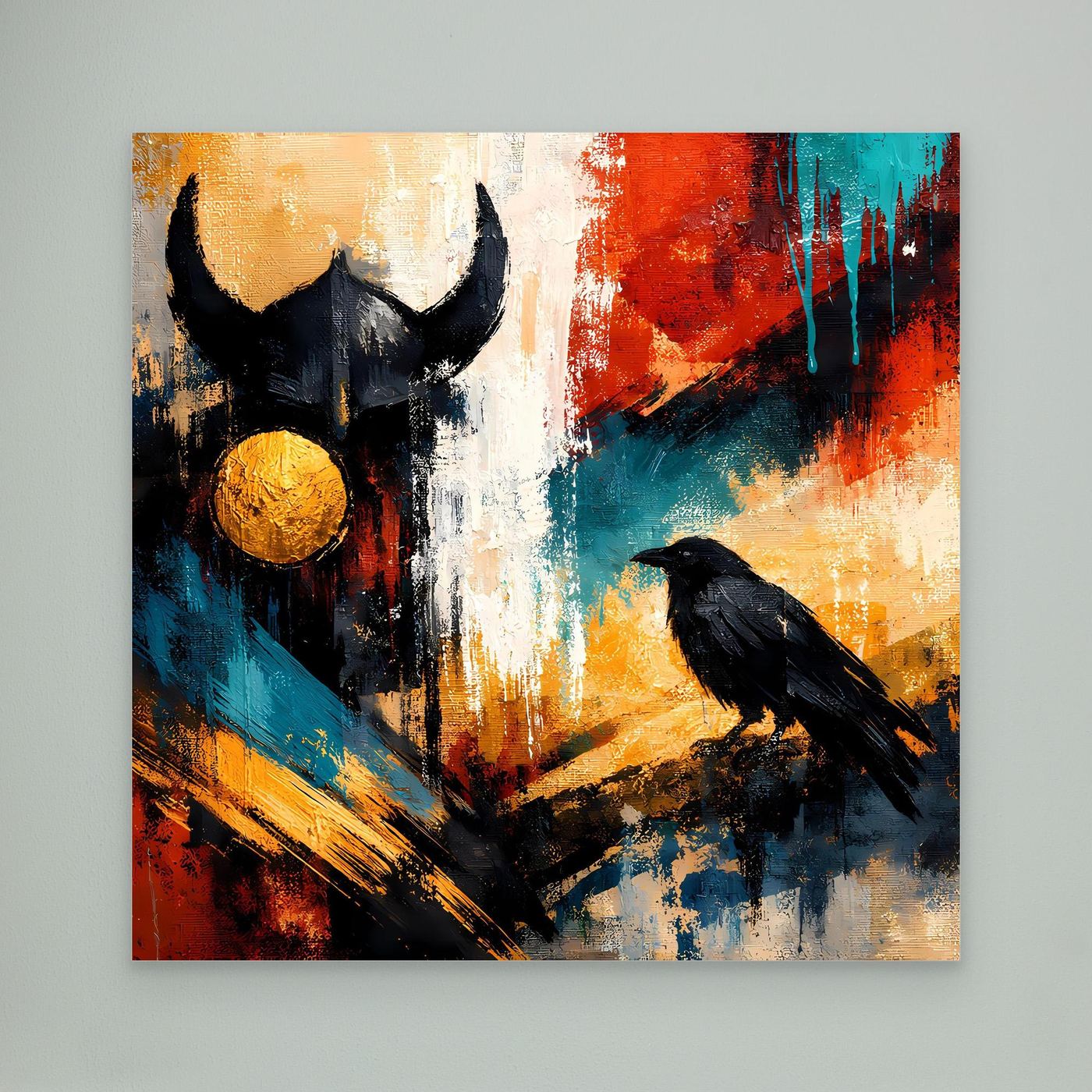 Abstraktes Odin-und-Rabe-Leinwandbild ohne Rahmen, schwarze Figuren, goldene Kugel, Rot-Blau
