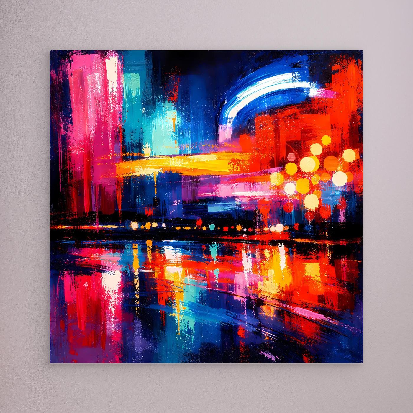 Abstraktes Leinwandbild mit Stadt-Skyline, bunte Lichterscheinungen, rahmenlos