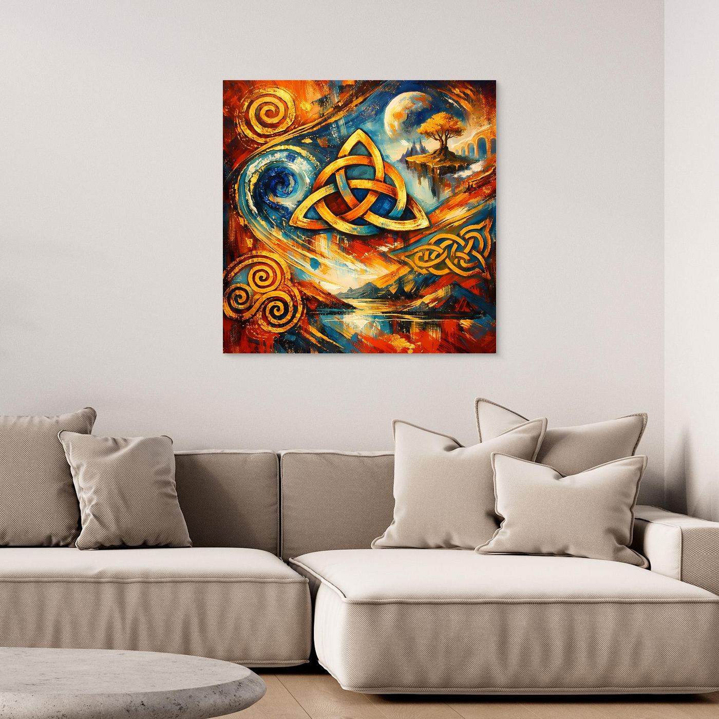 Gerahmtes Leinwandbild mit keltischer Triquetra und abstrakten Wirbelmustern in Blau und Orange.