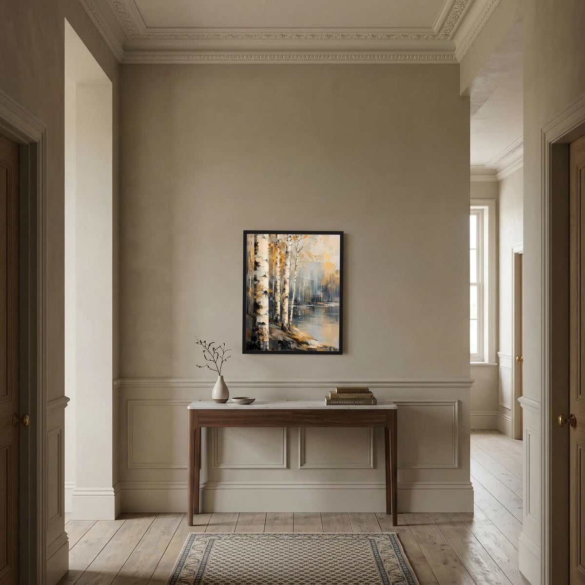 Gerahmtes Poster mit abstraktem Birkenwald in Gold und Beige an der Wand