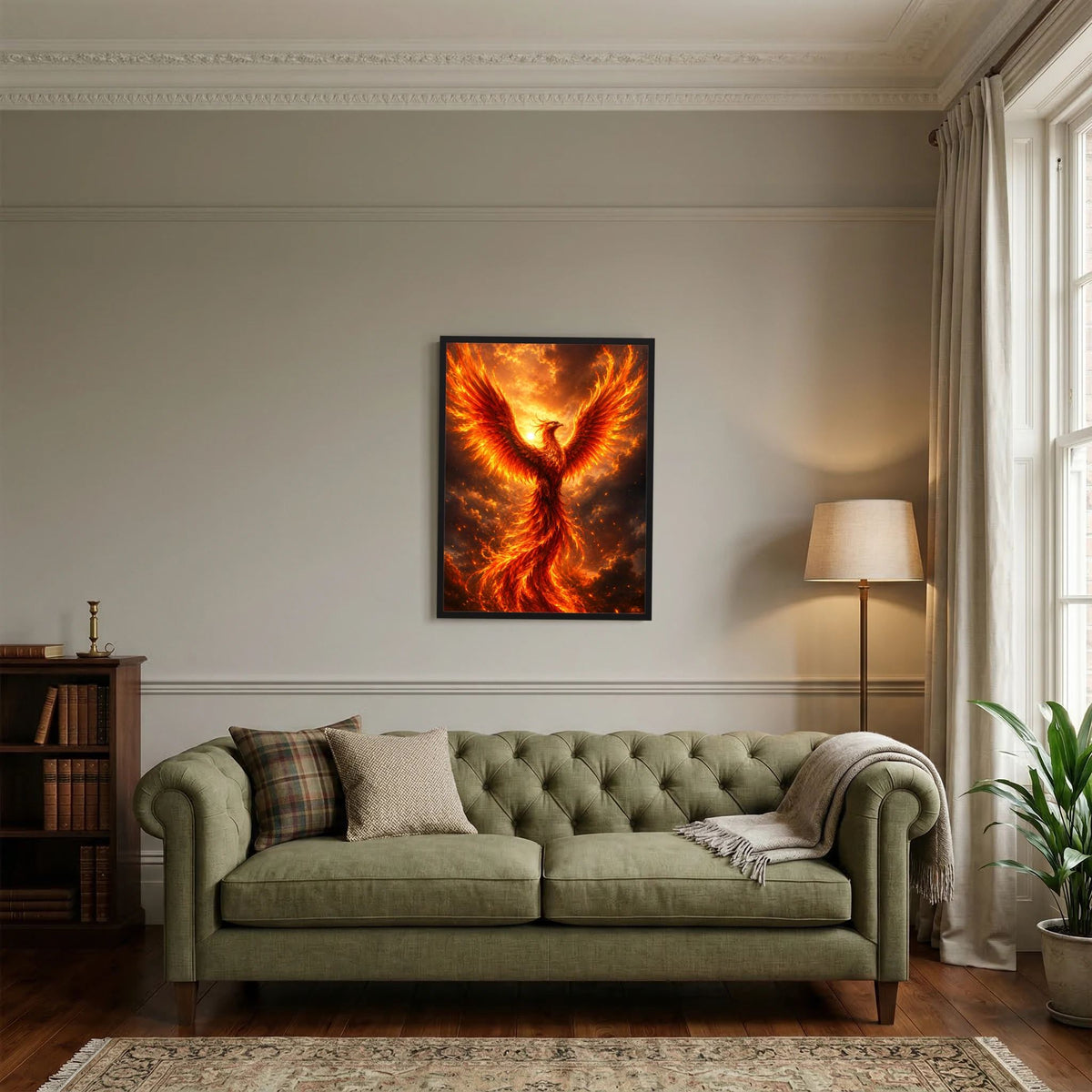 Wandposter mit schwarzem Rahmen: gold-orangefarbener Phönix im Feuerwirbel