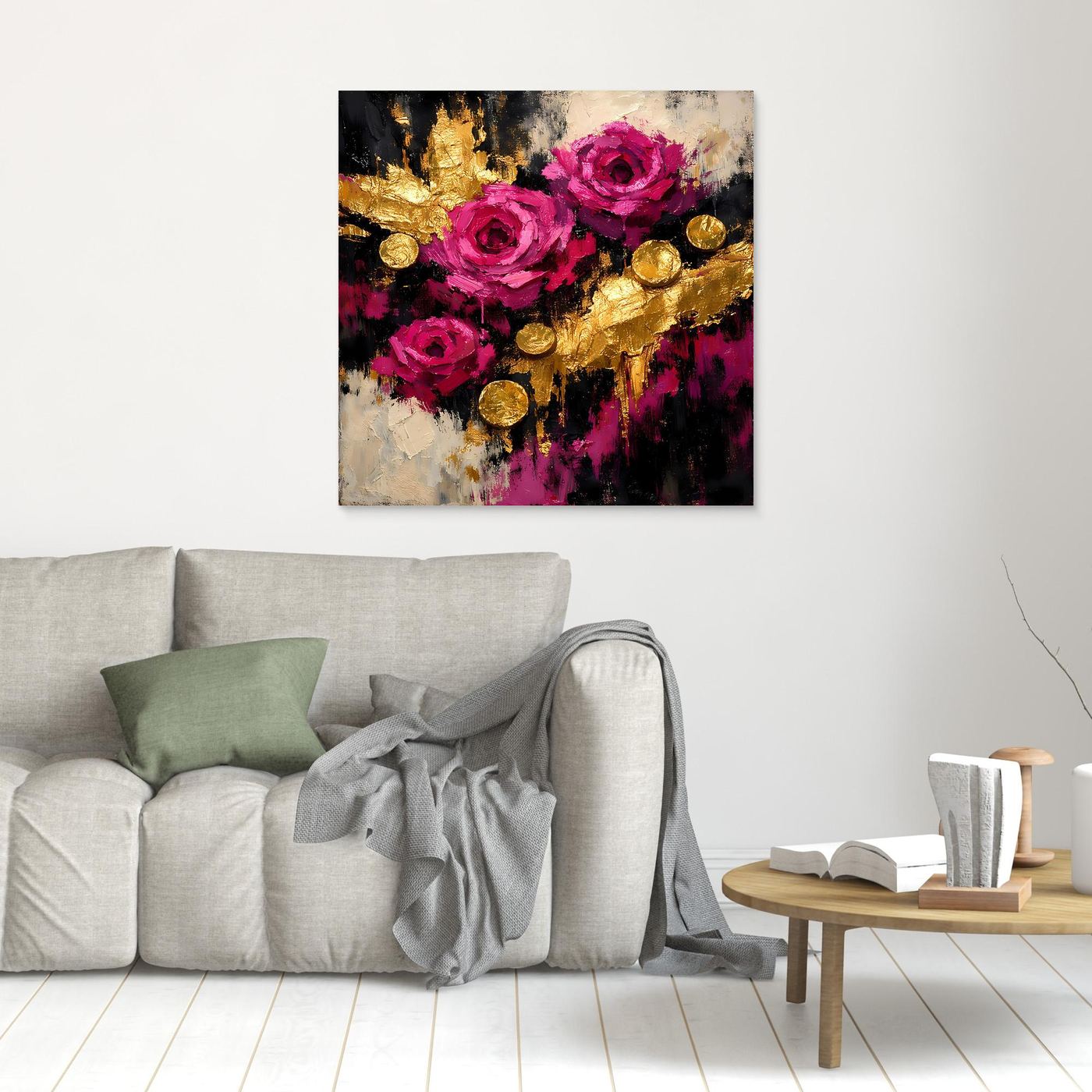 Leinwand Elegante Rosen in Magenta | Abstraktes Blumen Wandbild Gold