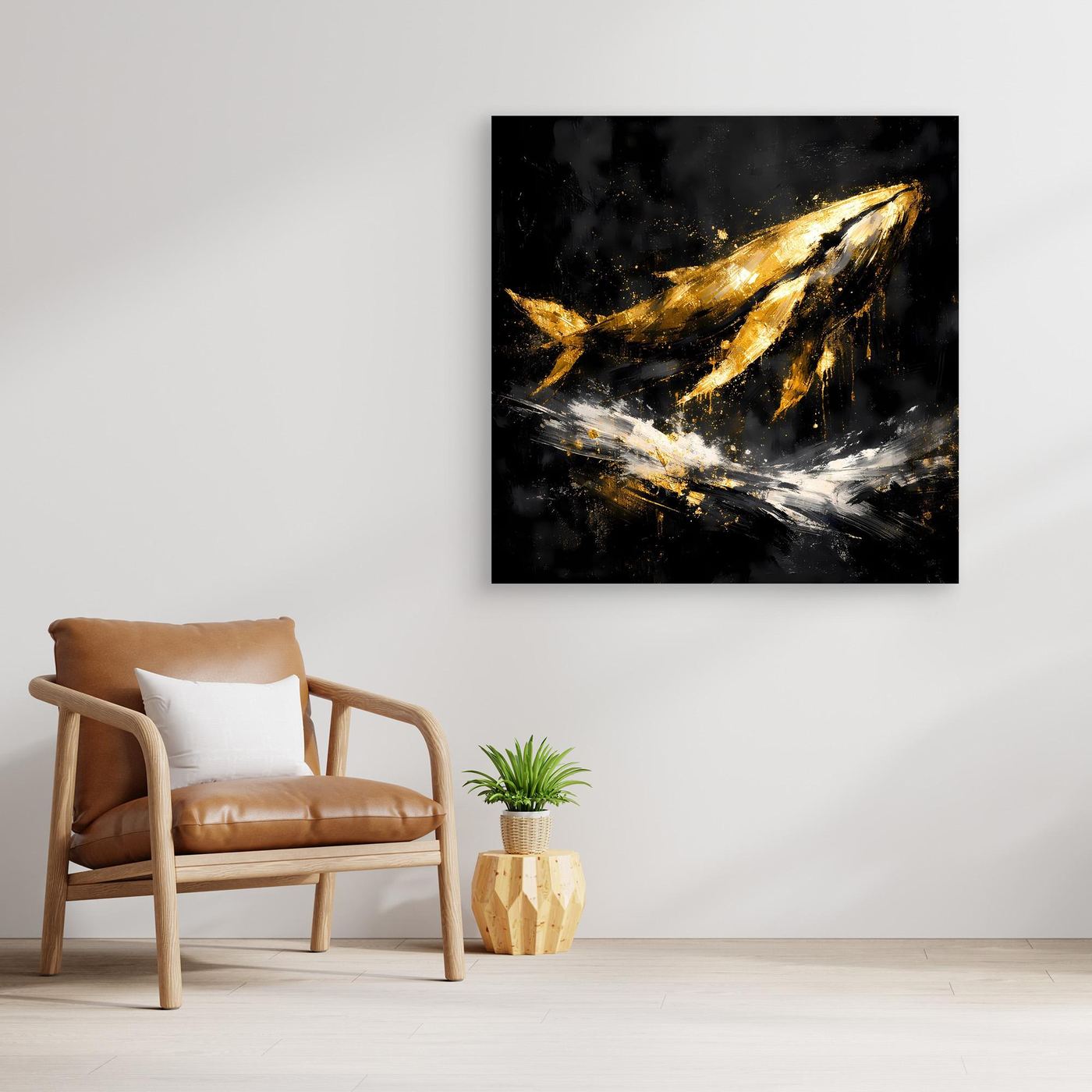 Leinwand Majestätischer Wal in Gold und Schwarz | Modernes Abstraktes Meeres Wandbild