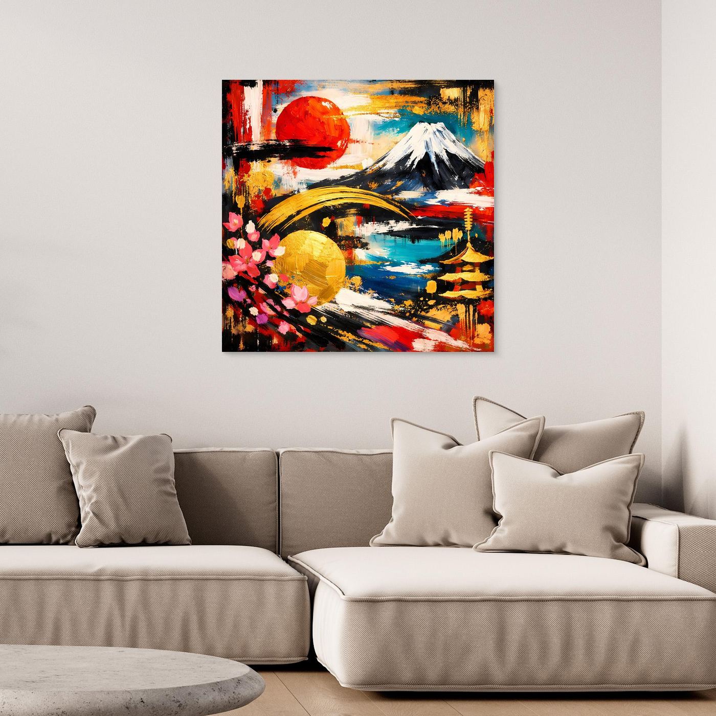 Gerahmtes Leinwandbild: abstrakter Fuji mit Kirschblüten, schwarze Umrandung