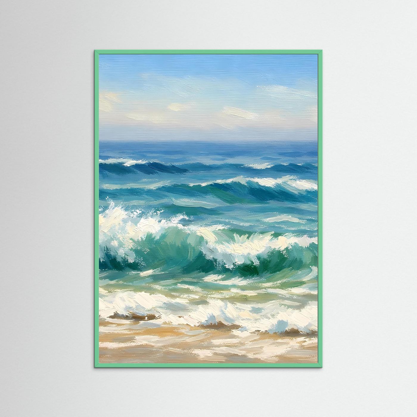Poster mit gemalten Meereswellen am Strand in Blau- und Grüntönen, mit grünem Rahmen