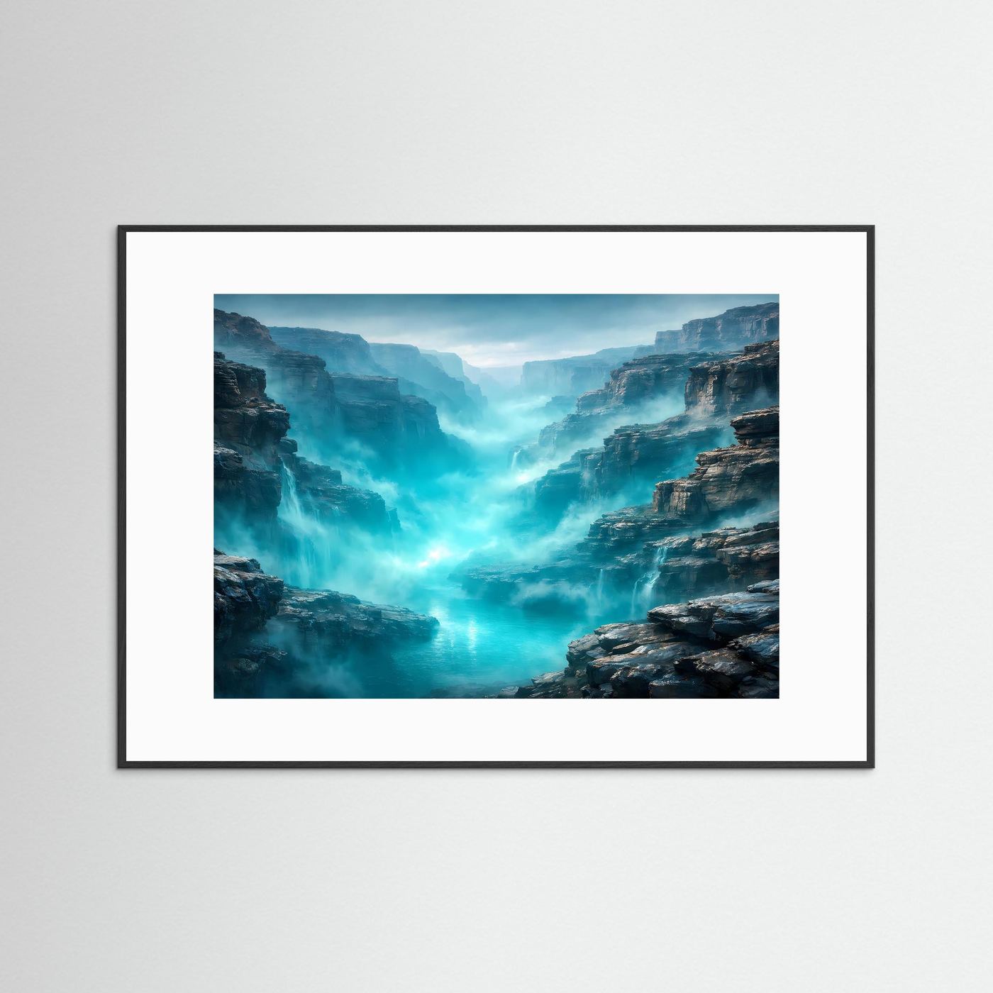 Wandbild mit Canyon-Landschaft in Türkis, schwarz gerahmt mit weißem Passepartout