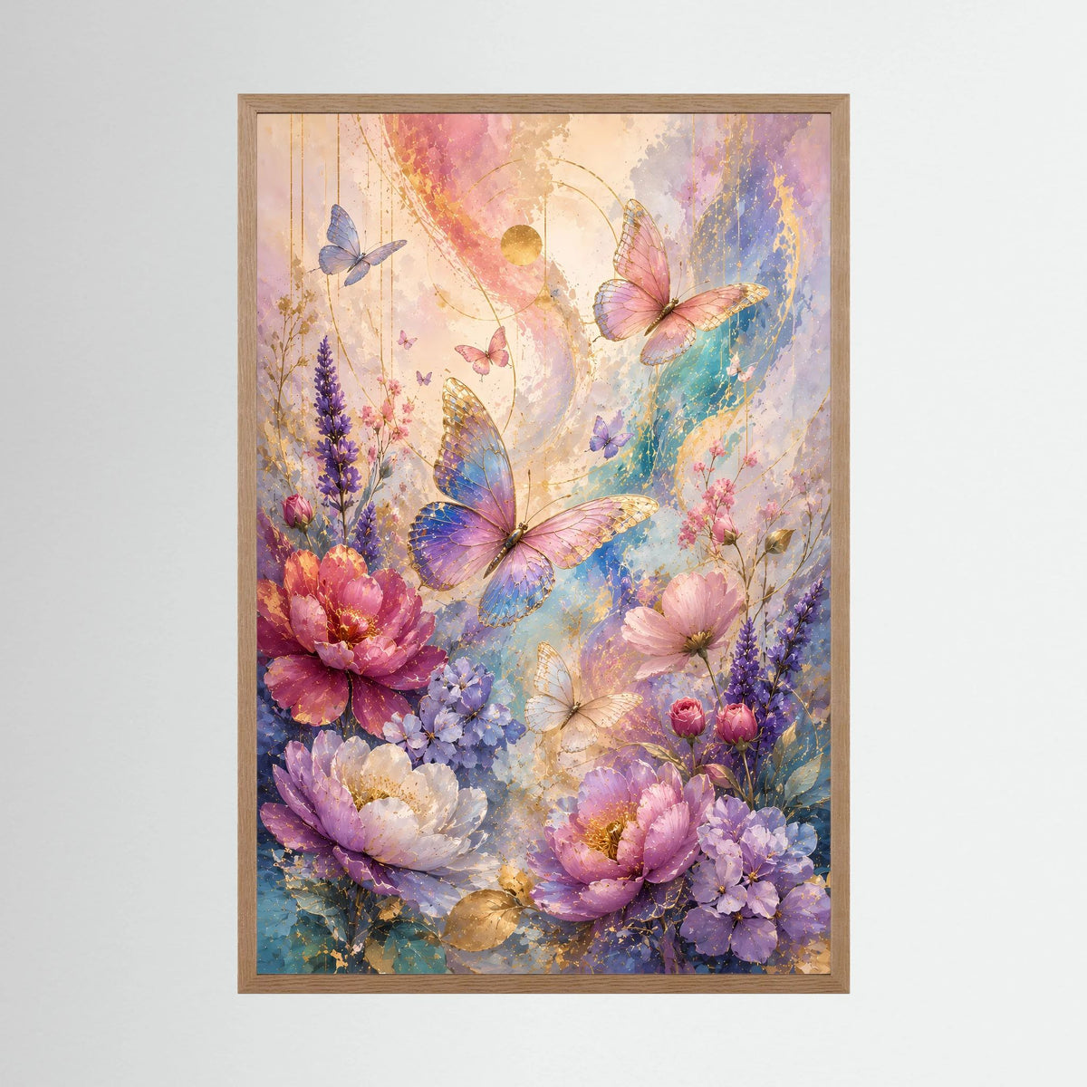 Poster mit Blumen und Schmetterlingen, im hellen Holzrahmen, Hochformat